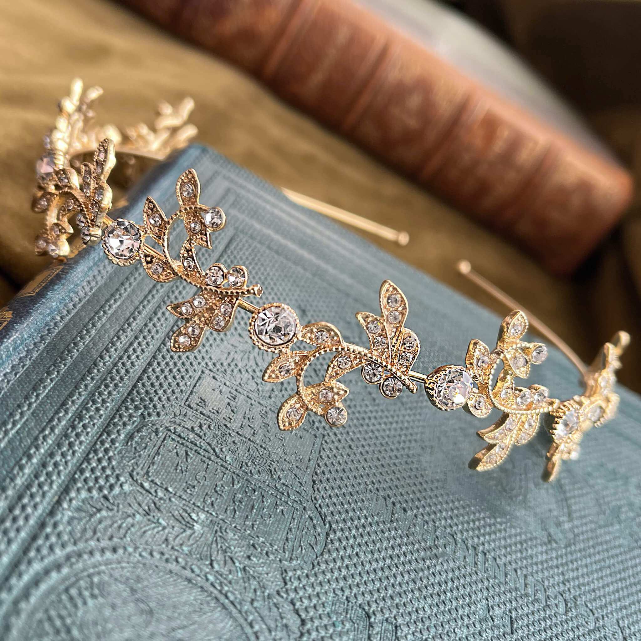 Jules Bridal - Acanthus, Gold Crystal Stylized Leaf Tiara Headband