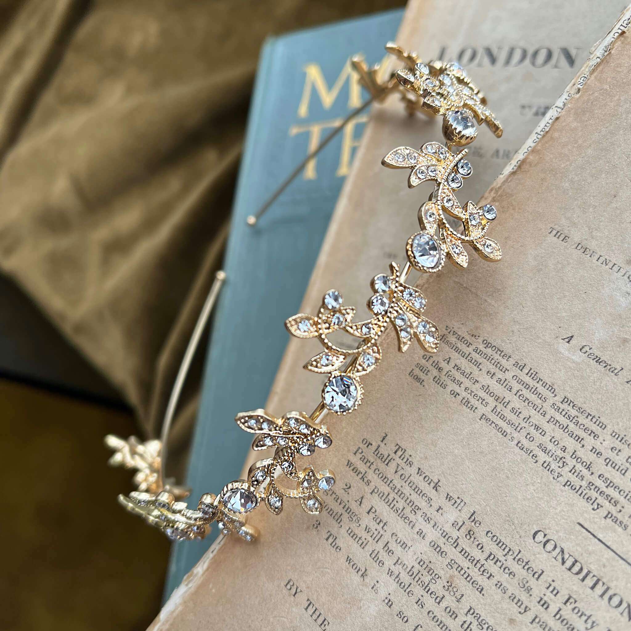 Jules Bridal - Acanthus, Gold Crystal Stylized Leaf Tiara Headband