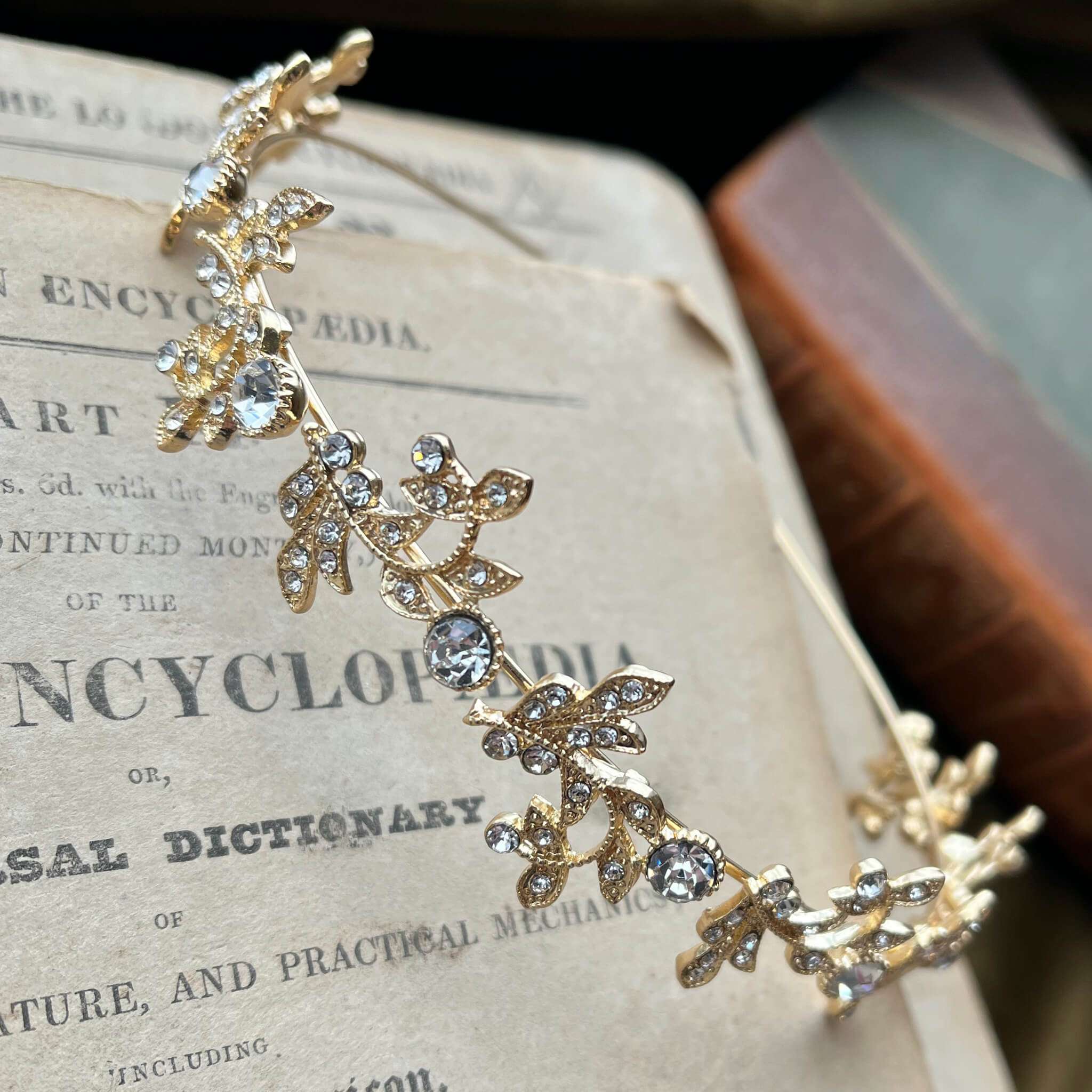 Jules Bridal - Acanthus, Gold Crystal Stylized Leaf Tiara Headband