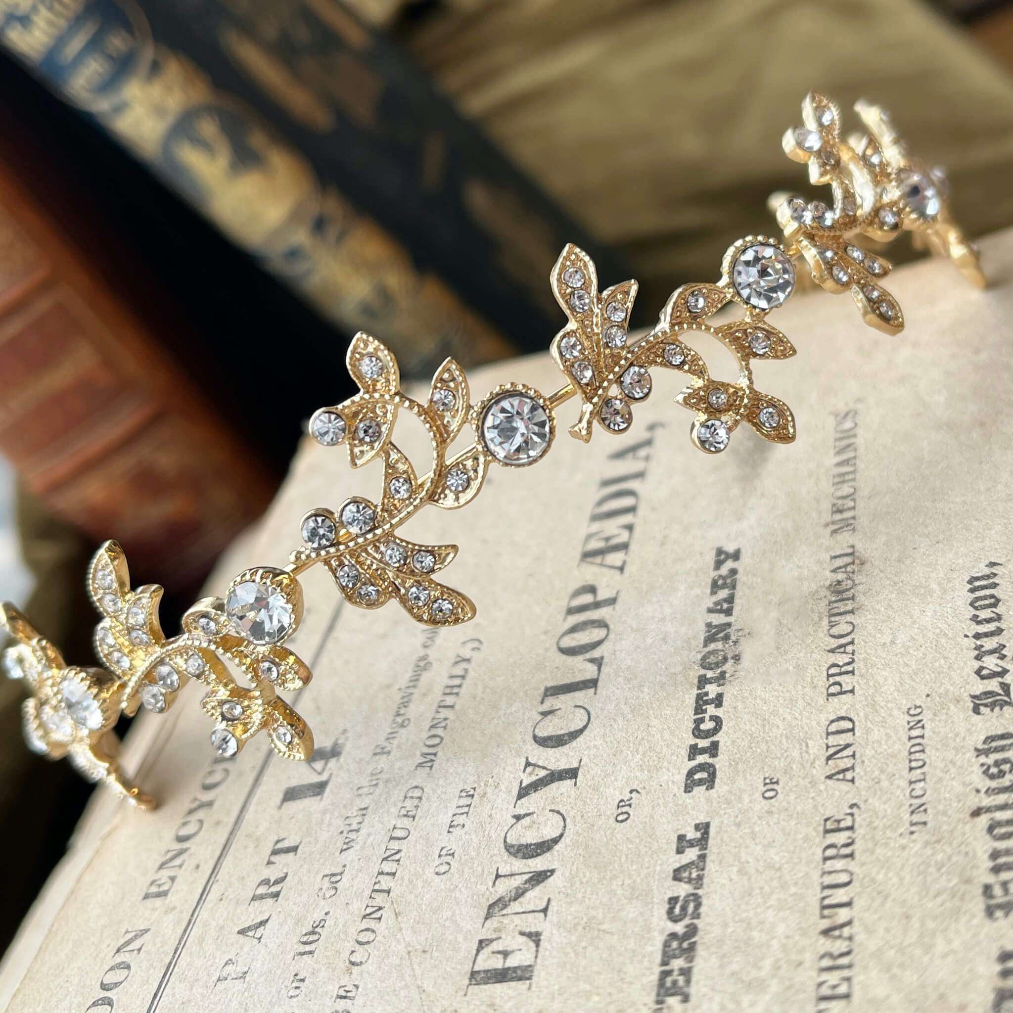Jules Bridal - Acanthus, Gold Crystal Stylized Leaf Tiara Headband