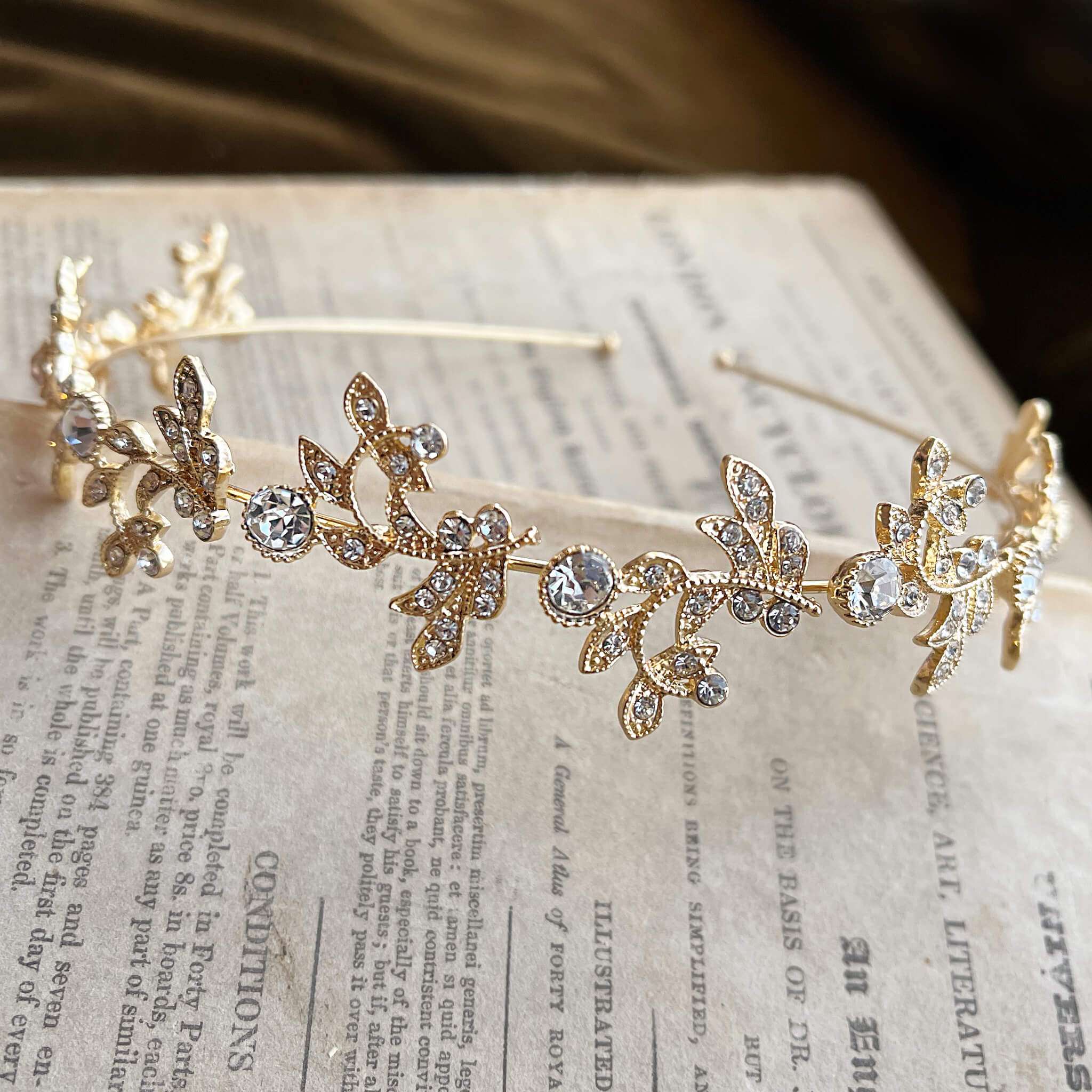 Jules Bridal - Acanthus, Gold Crystal Stylized Leaf Tiara Headband