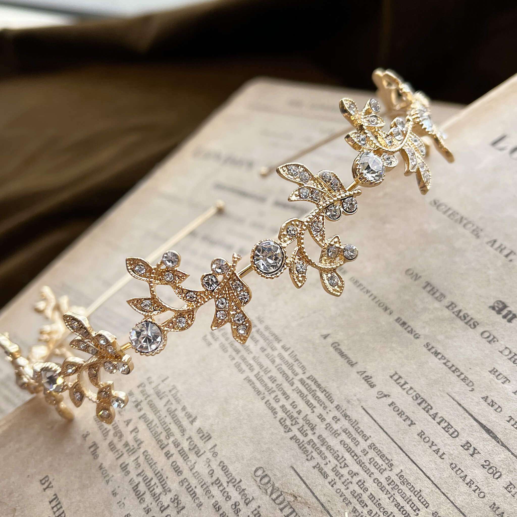 Jules Bridal - Acanthus, Gold Crystal Stylized Leaf Tiara Headband