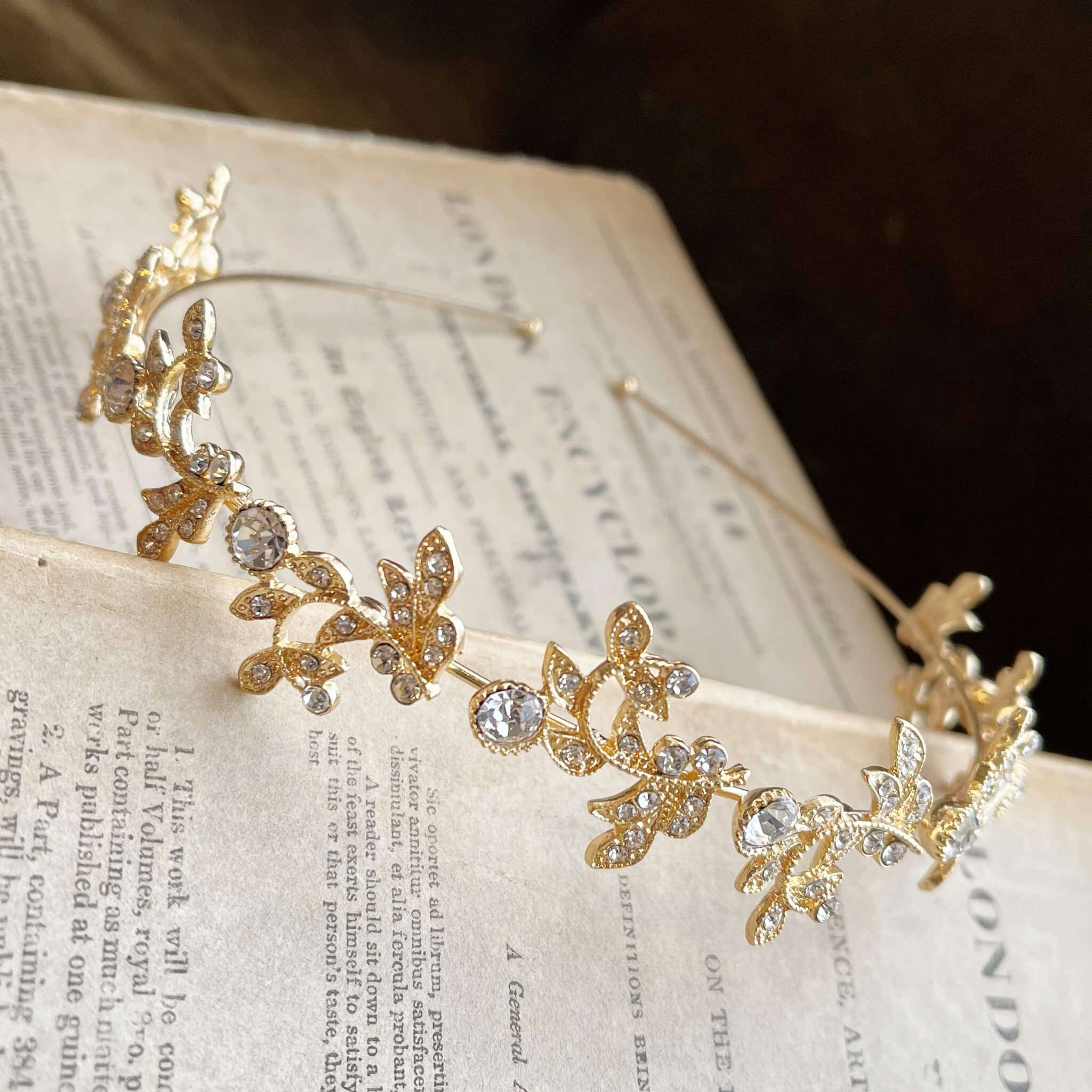 Jules Bridal - Acanthus, Gold Crystal Stylized Leaf Tiara Headband