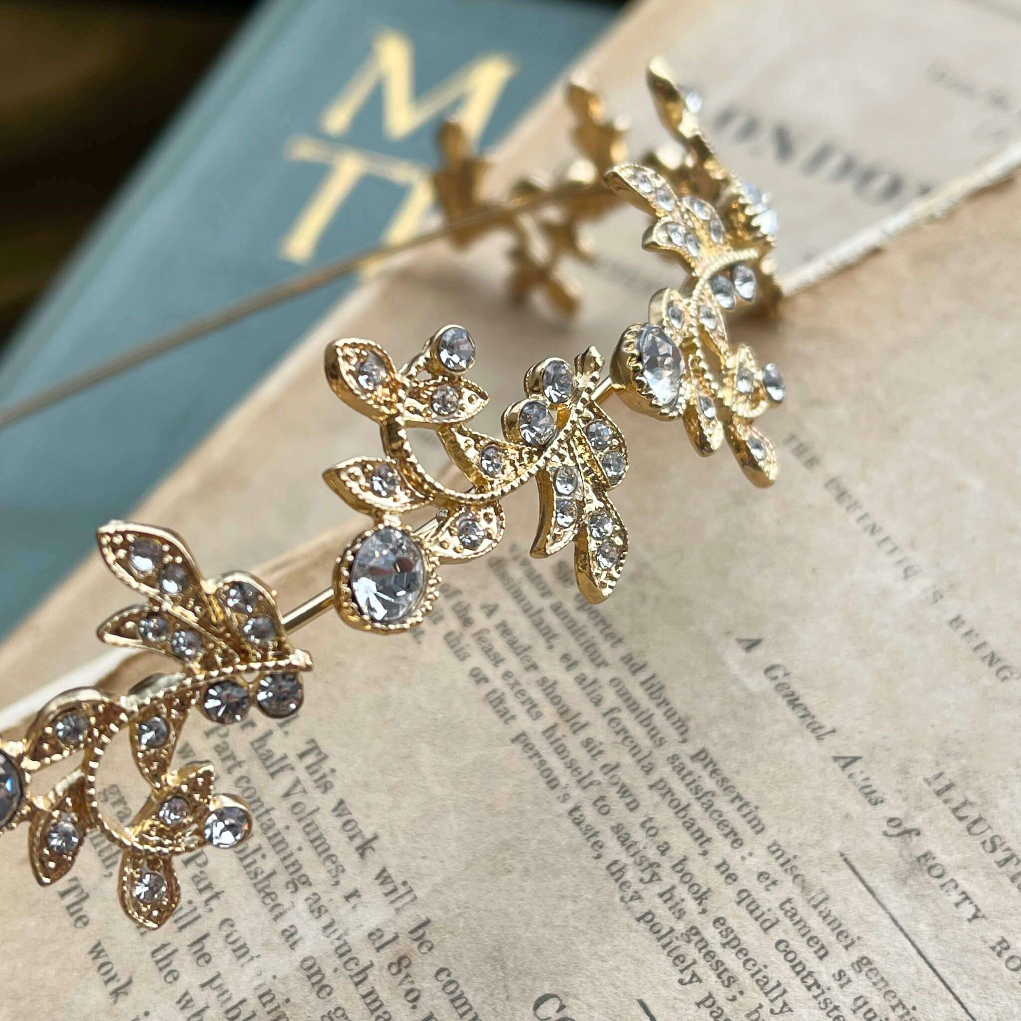 Jules Bridal - Acanthus, Gold Crystal Stylized Leaf Tiara Headband