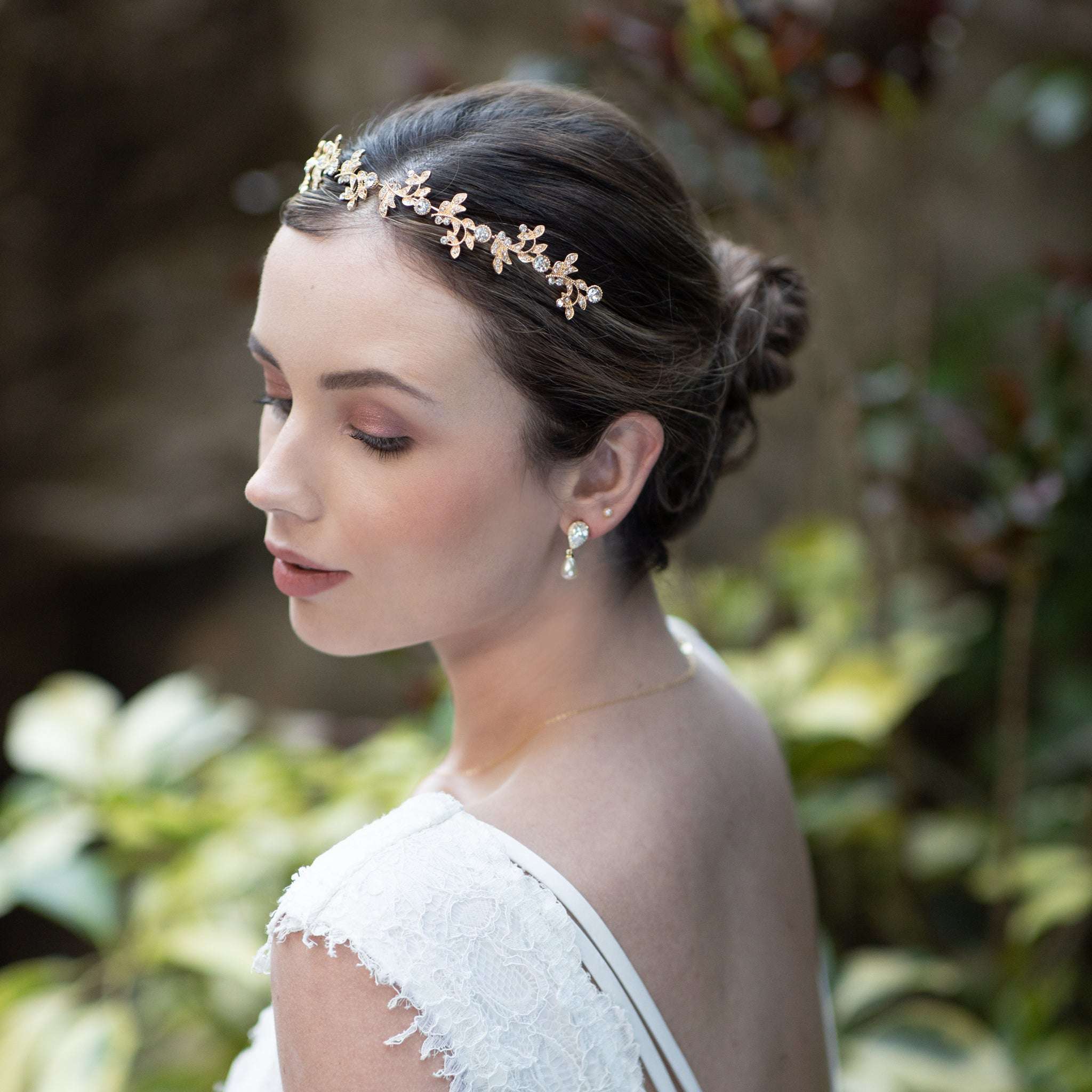 Jules Bridal - Acanthus, Gold Crystal Stylized Leaf Tiara Headband