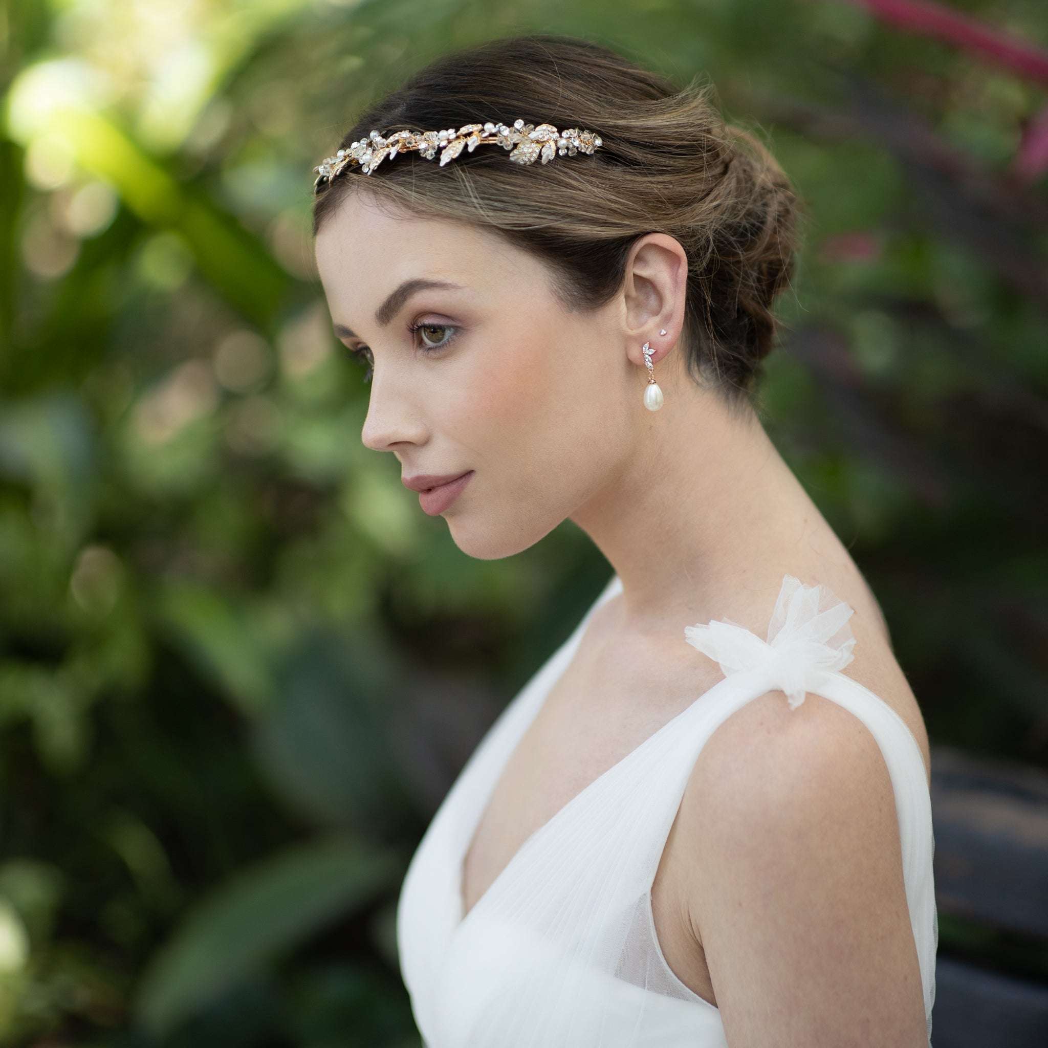 Agneta, Gold Crystal and Pearl Floral and Foliage Tiara Headband