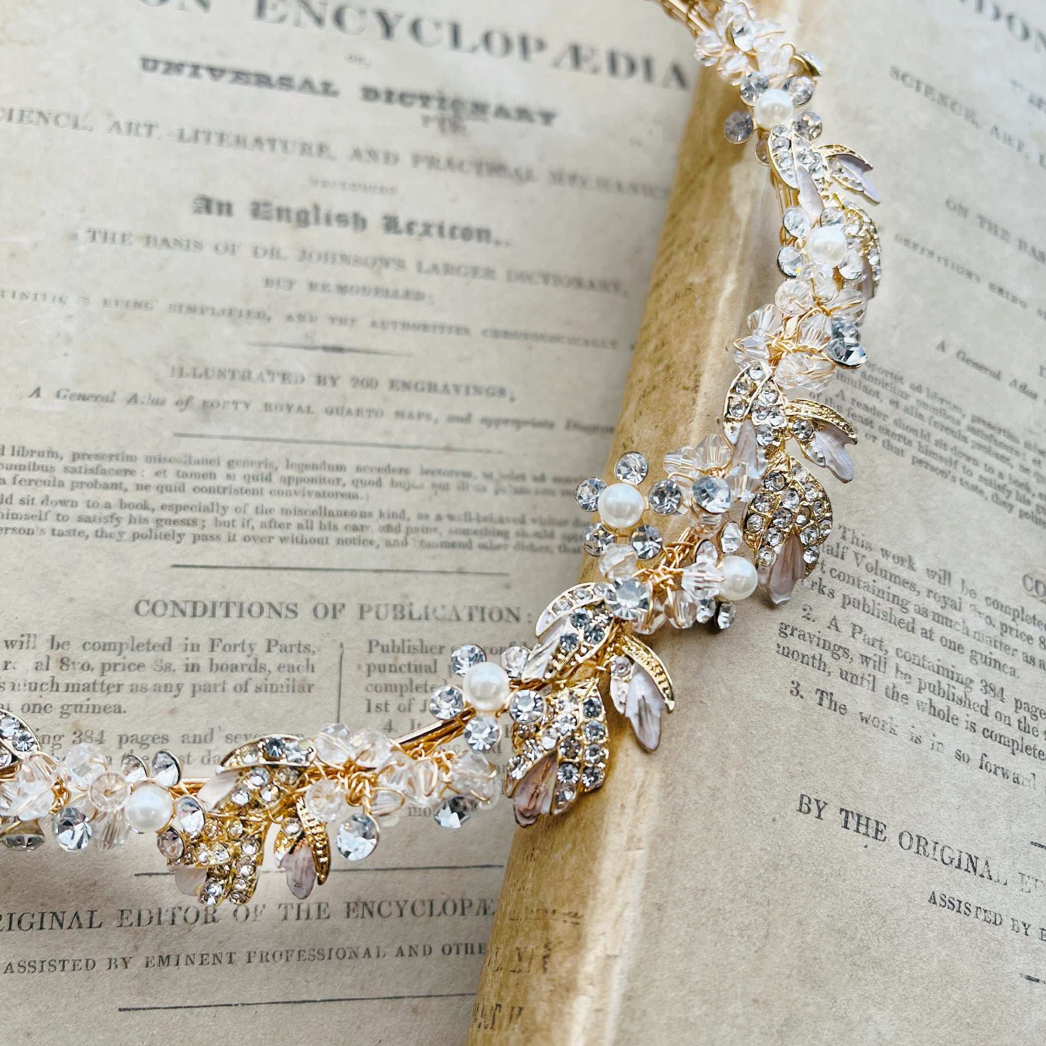 Jules Bridal - Agneta, Gold Crystal Pearl Floral and Foliage Tiara Headband