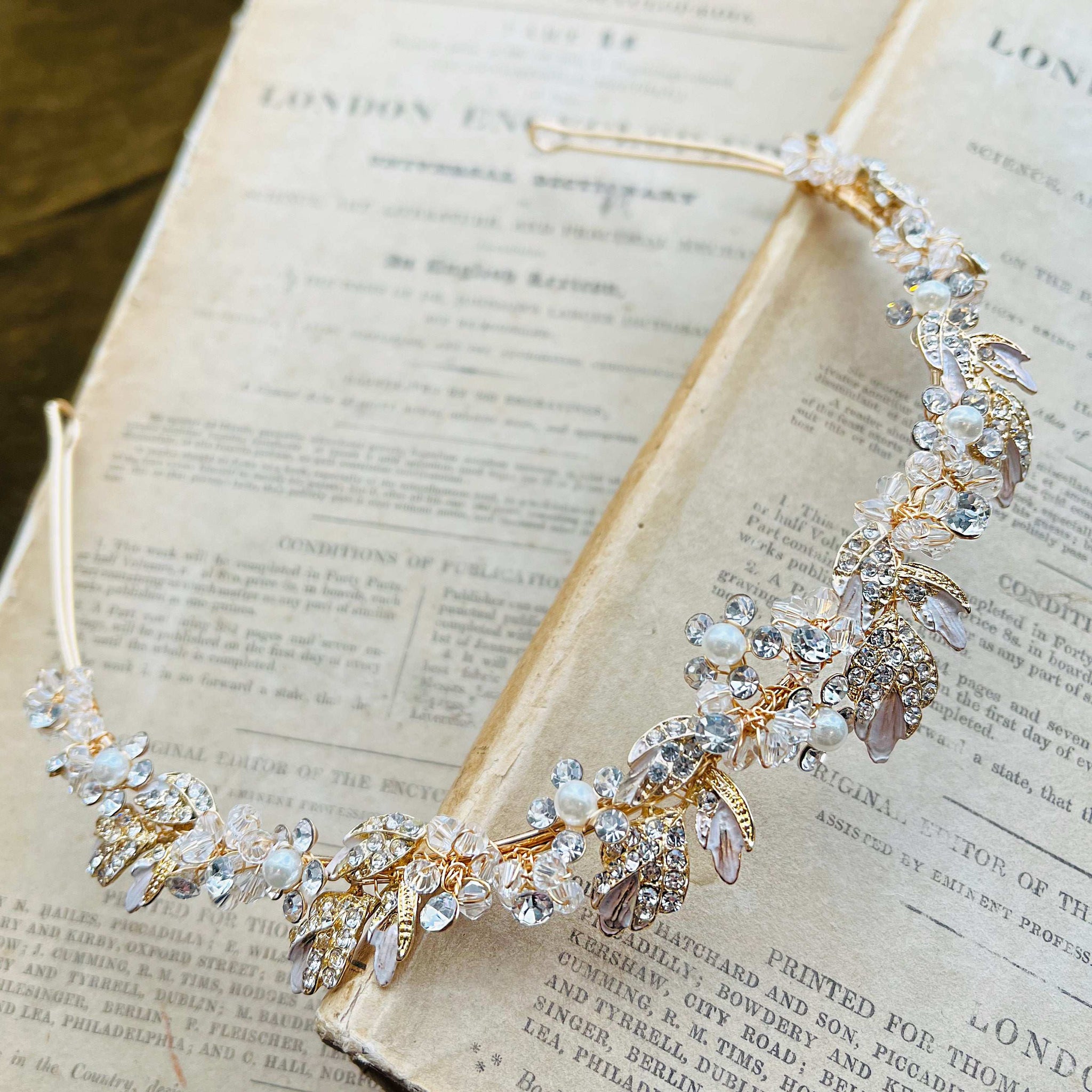 Jules Bridal - Agneta, Gold Crystal Pearl Floral and Foliage Tiara Headband