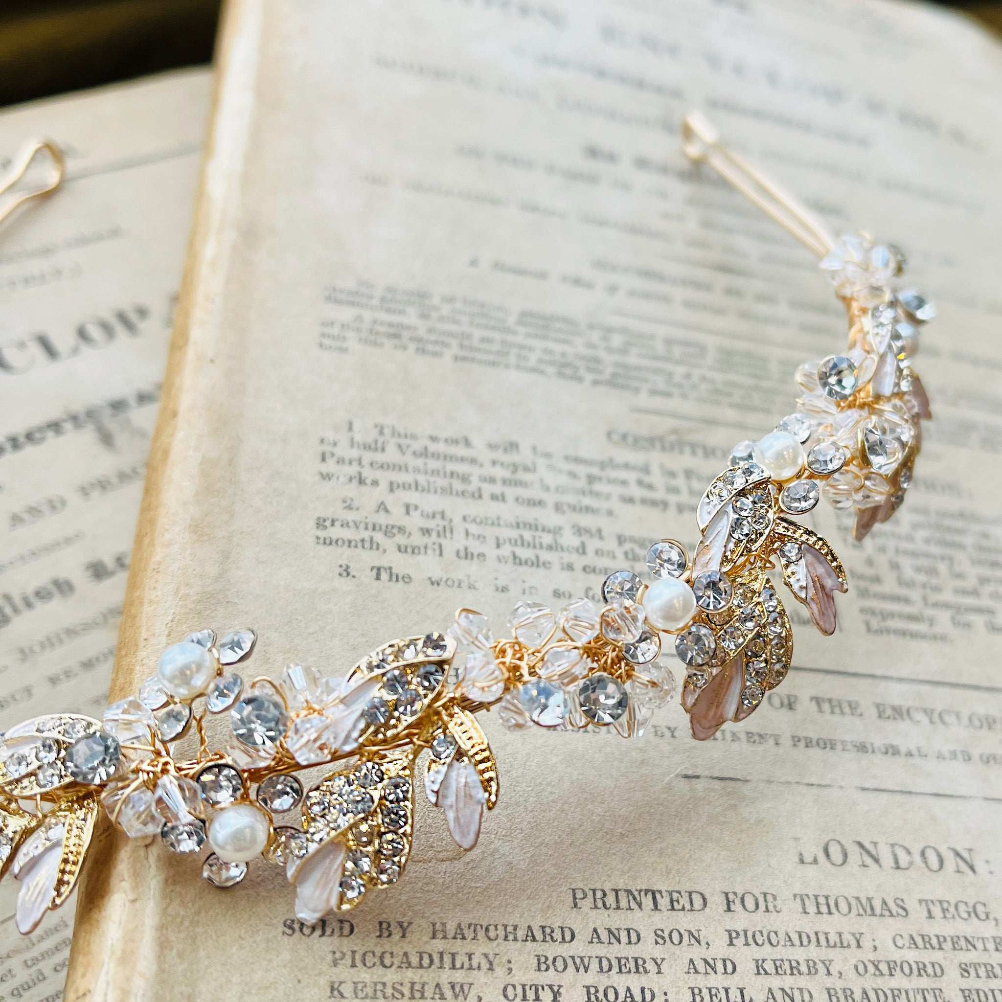 Jules Bridal - Agneta, Gold Crystal Pearl Floral and Foliage Tiara Headband