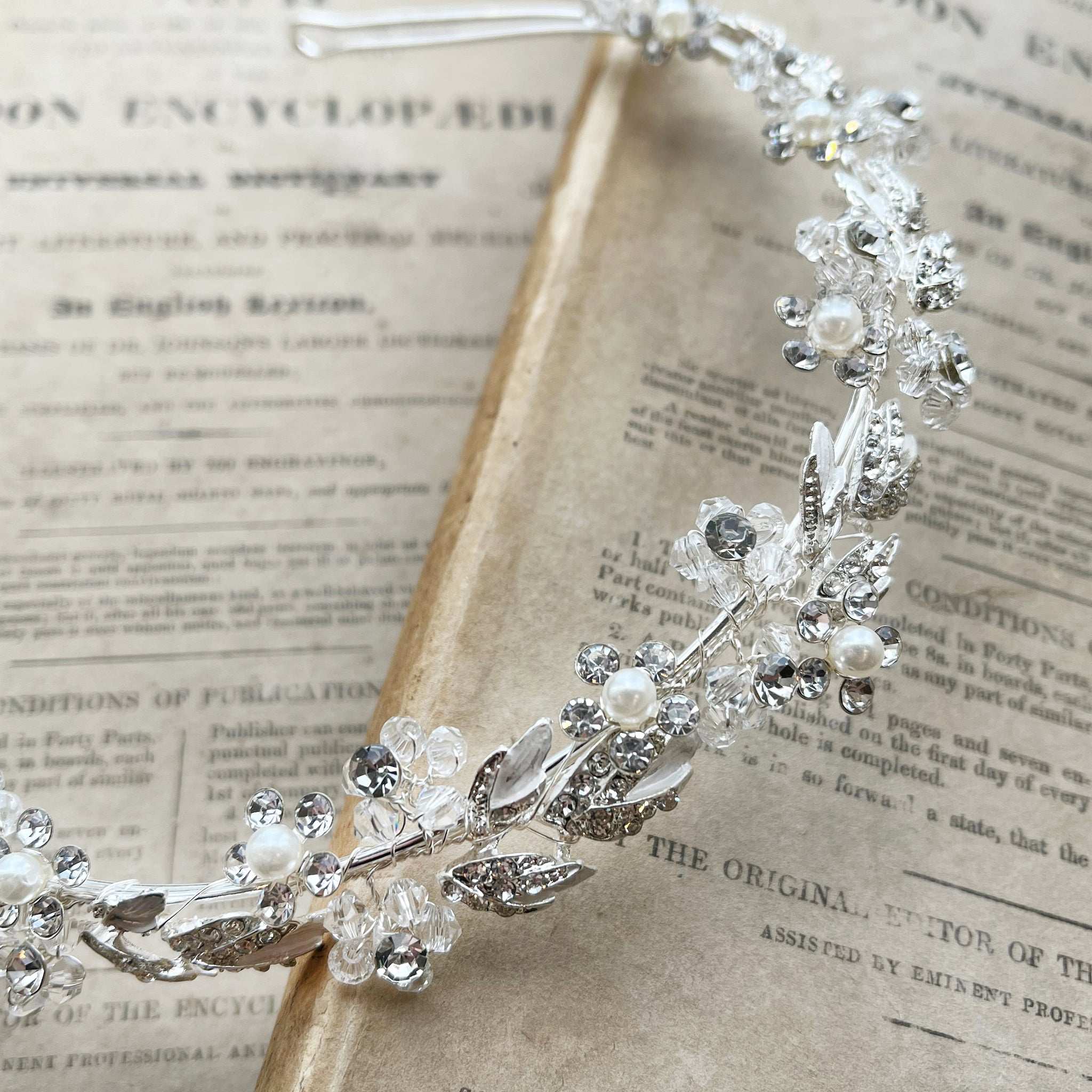 Jules Bridal - Agneta, Silver Crystal Pearl Floral and Foliage Tiara Headband