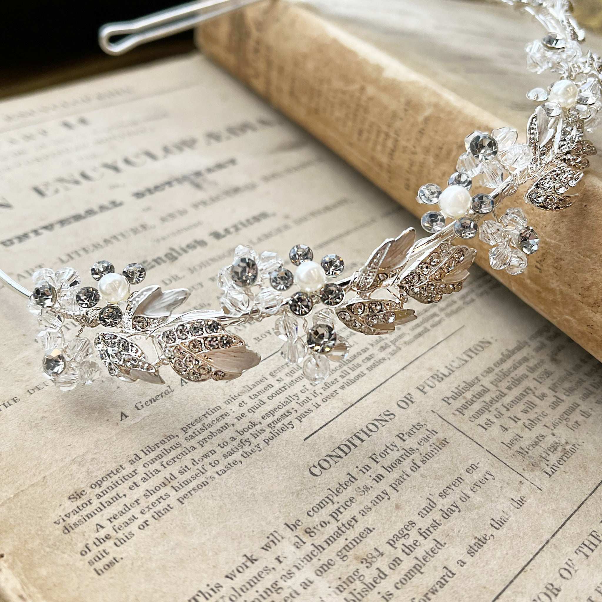 Jules Bridal - Agneta, Silver Crystal Pearl Floral and Foliage Tiara Headband