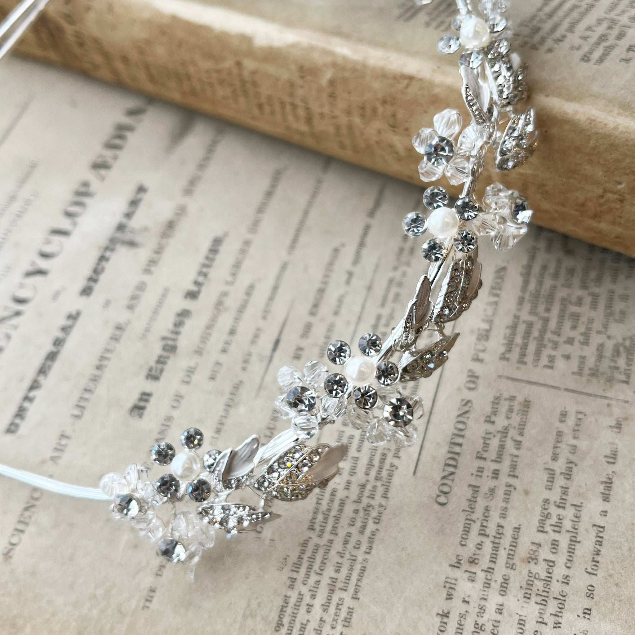 Jules Bridal - Agneta, Silver Crystal Pearl Floral and Foliage Tiara Headband