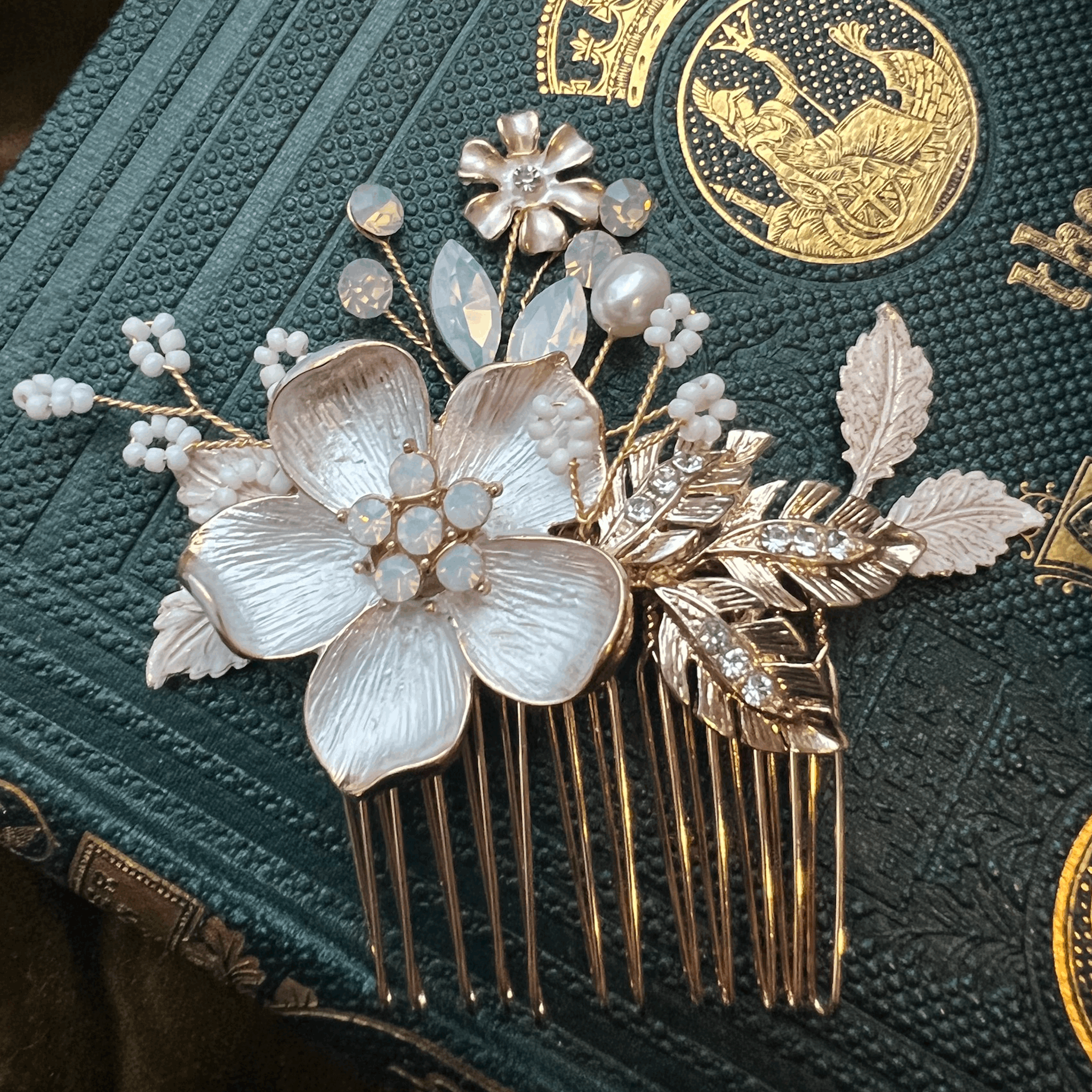Jules Bridal - Amie, Golden Opal Floral Hair Comb