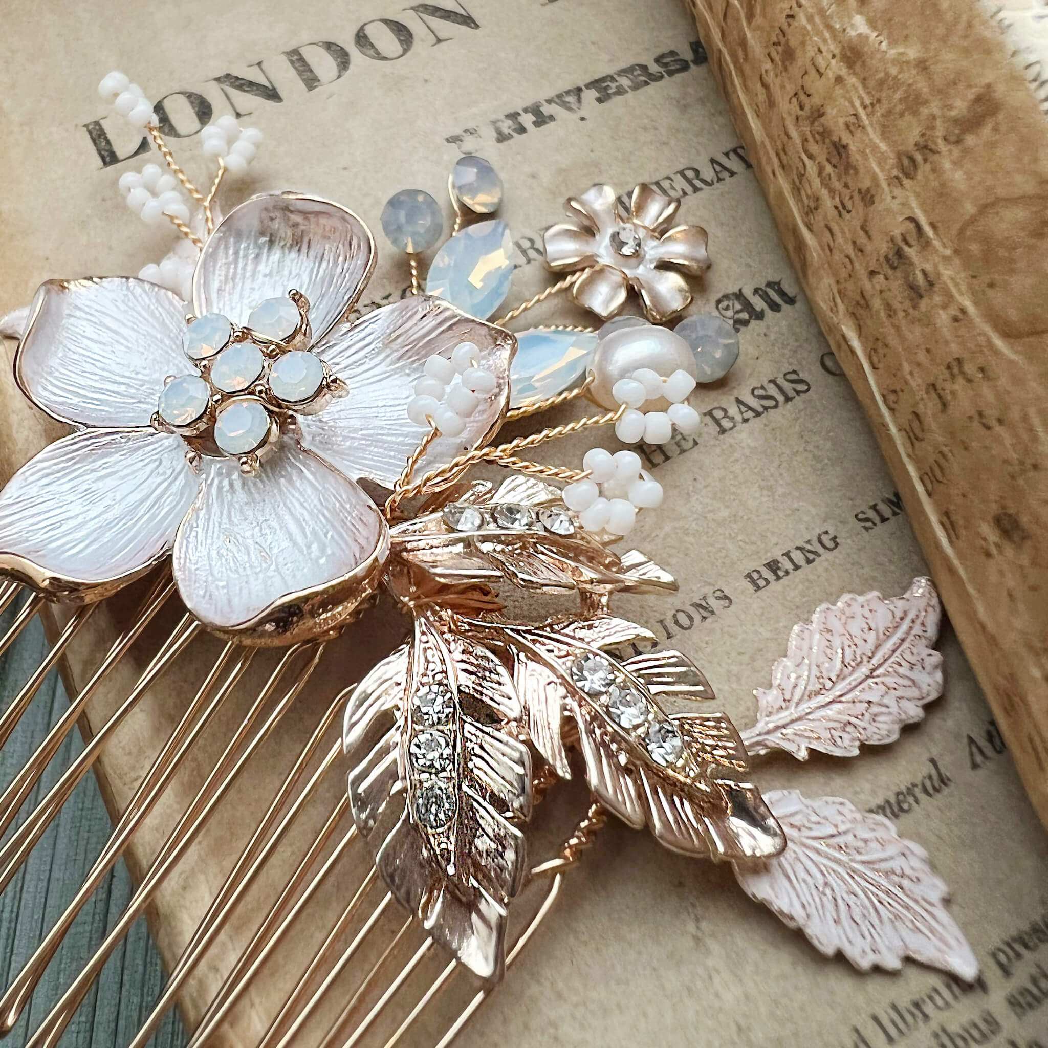 Jules Bridal - Amie, Golden Opal Floral Hair Comb