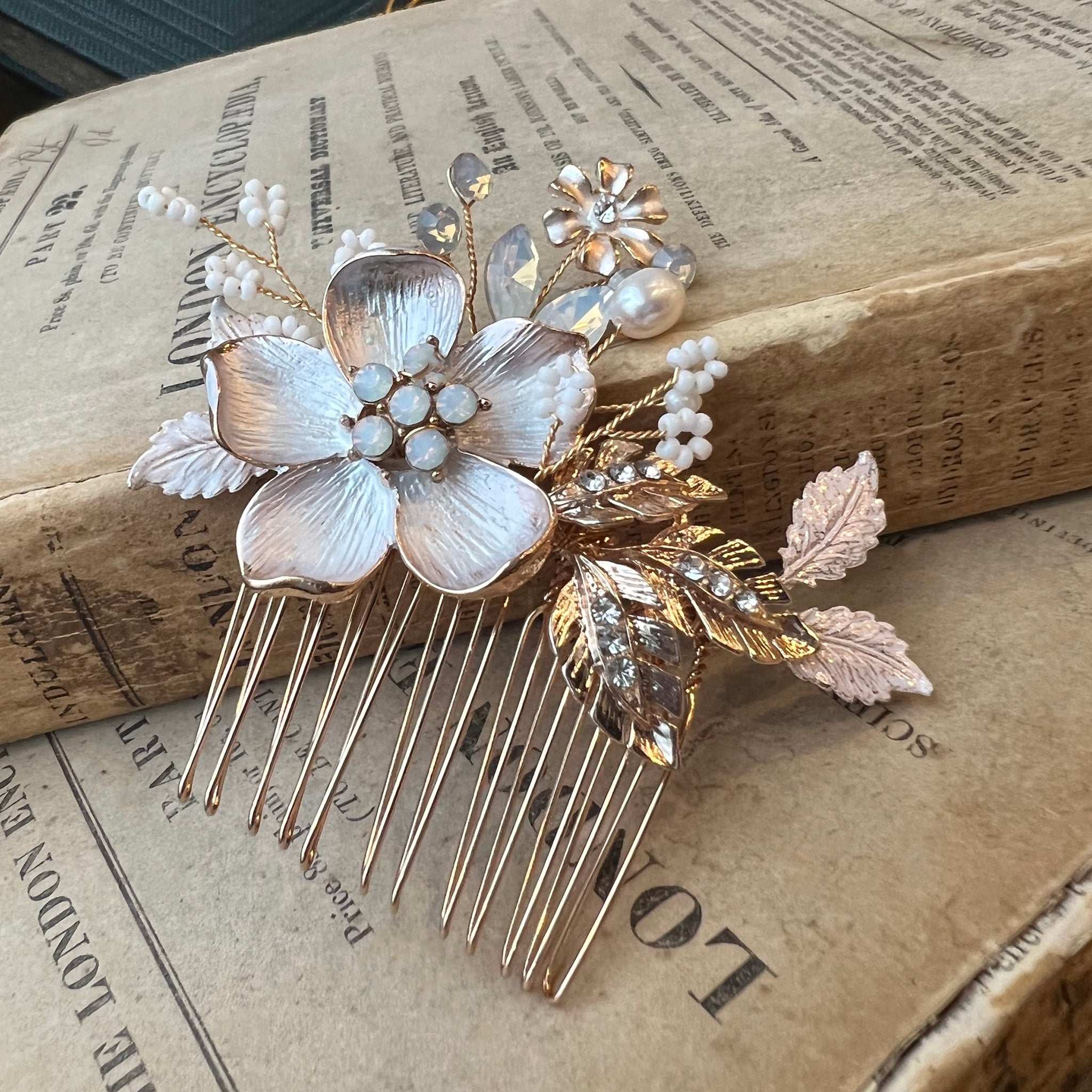 Jules Bridal - Amie, Golden Opal Floral Hair Comb