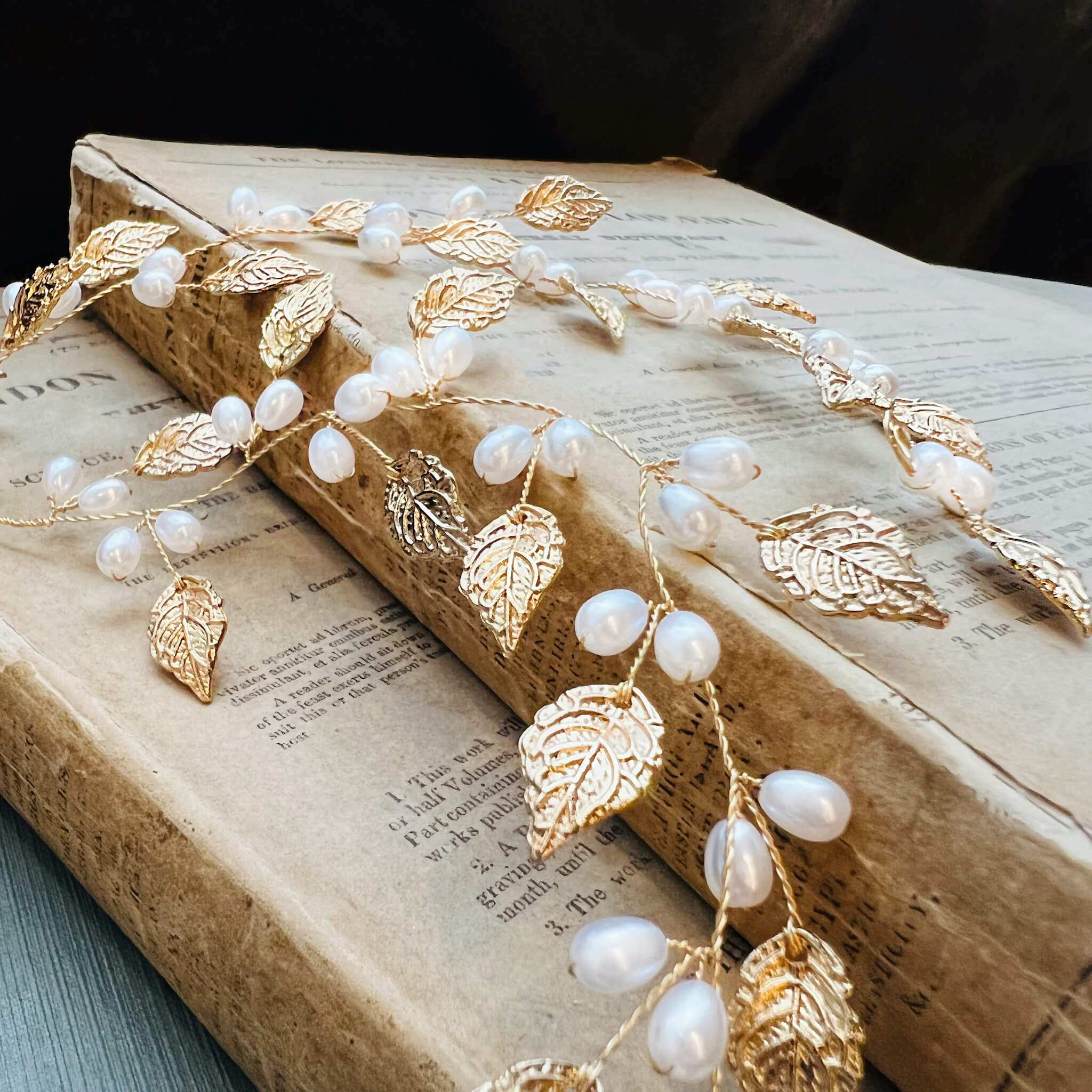 Jules Bridal - Ansa, Golden Leaf Hair Vine with Pearls