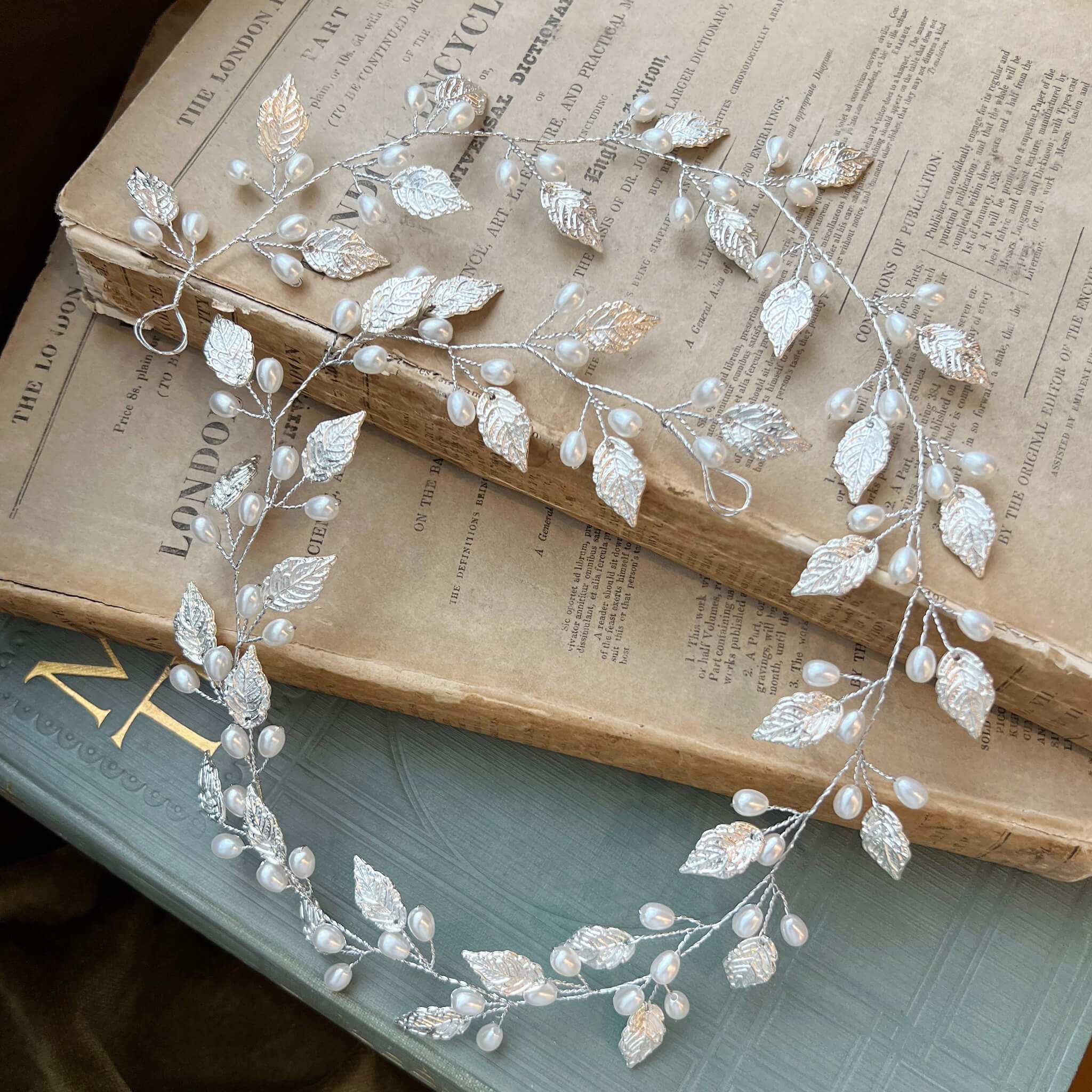 Jules Bridal - Ansa, Silver Leaf Hair Vine with Pearls