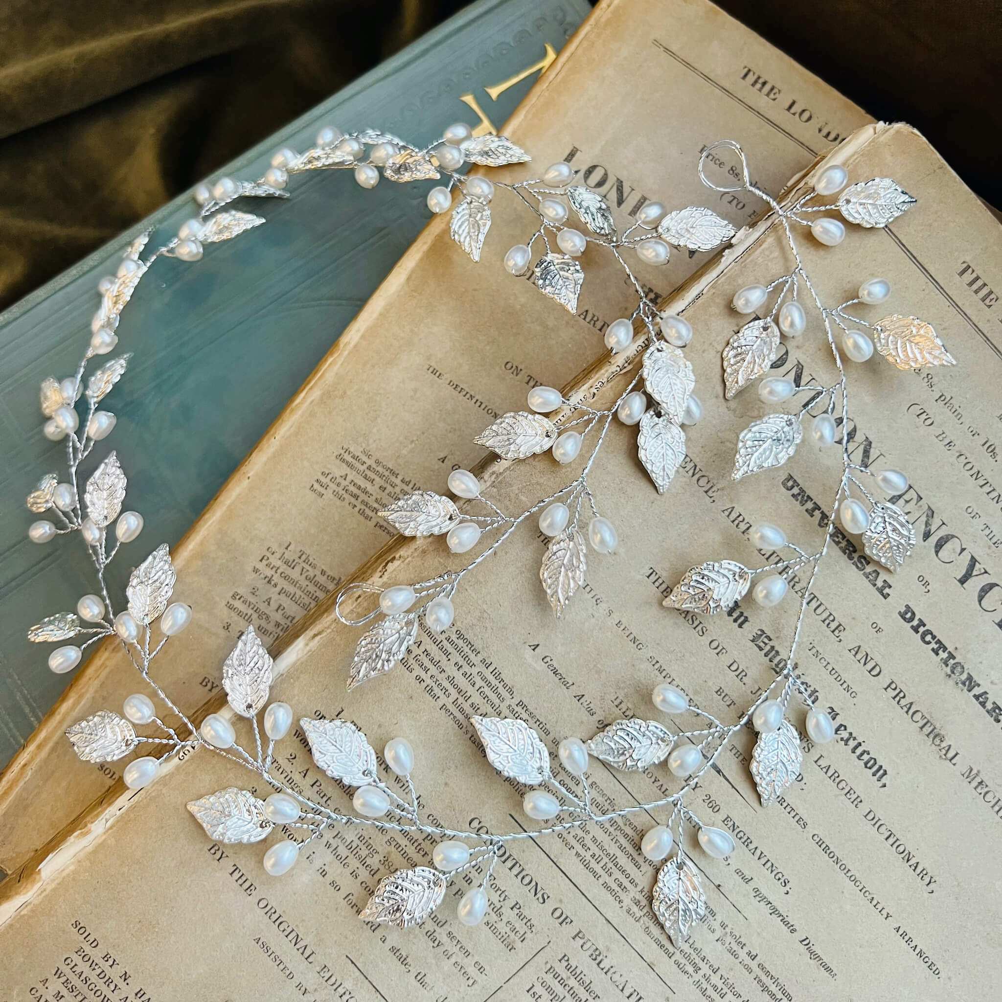 Jules Bridal - Ansa, Silver Leaf Hair Vine with Pearls