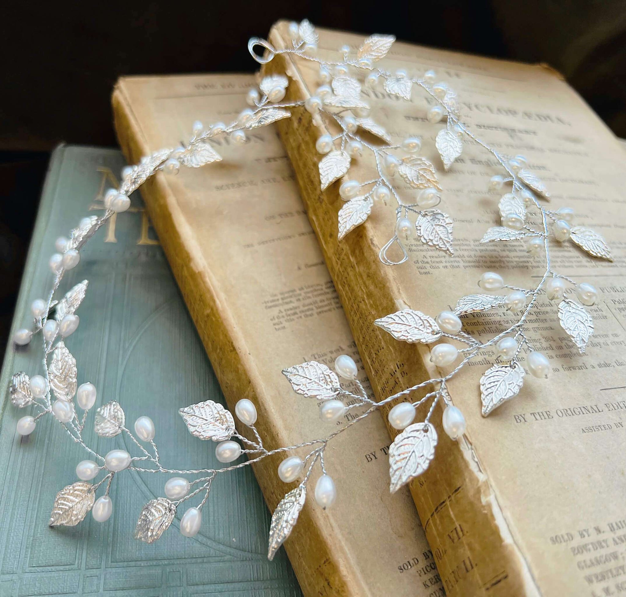 Jules Bridal - Ansa, Silver Leaf Hair Vine with Pearls
