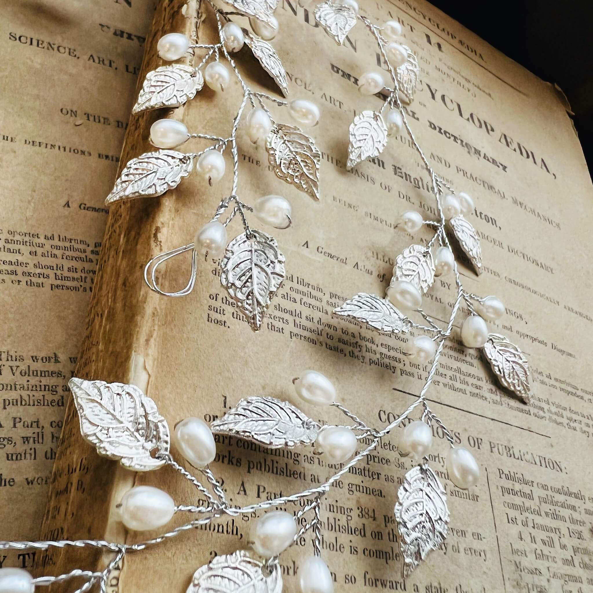 Jules Bridal - Ansa, Silver Leaf Hair Vine with Pearls