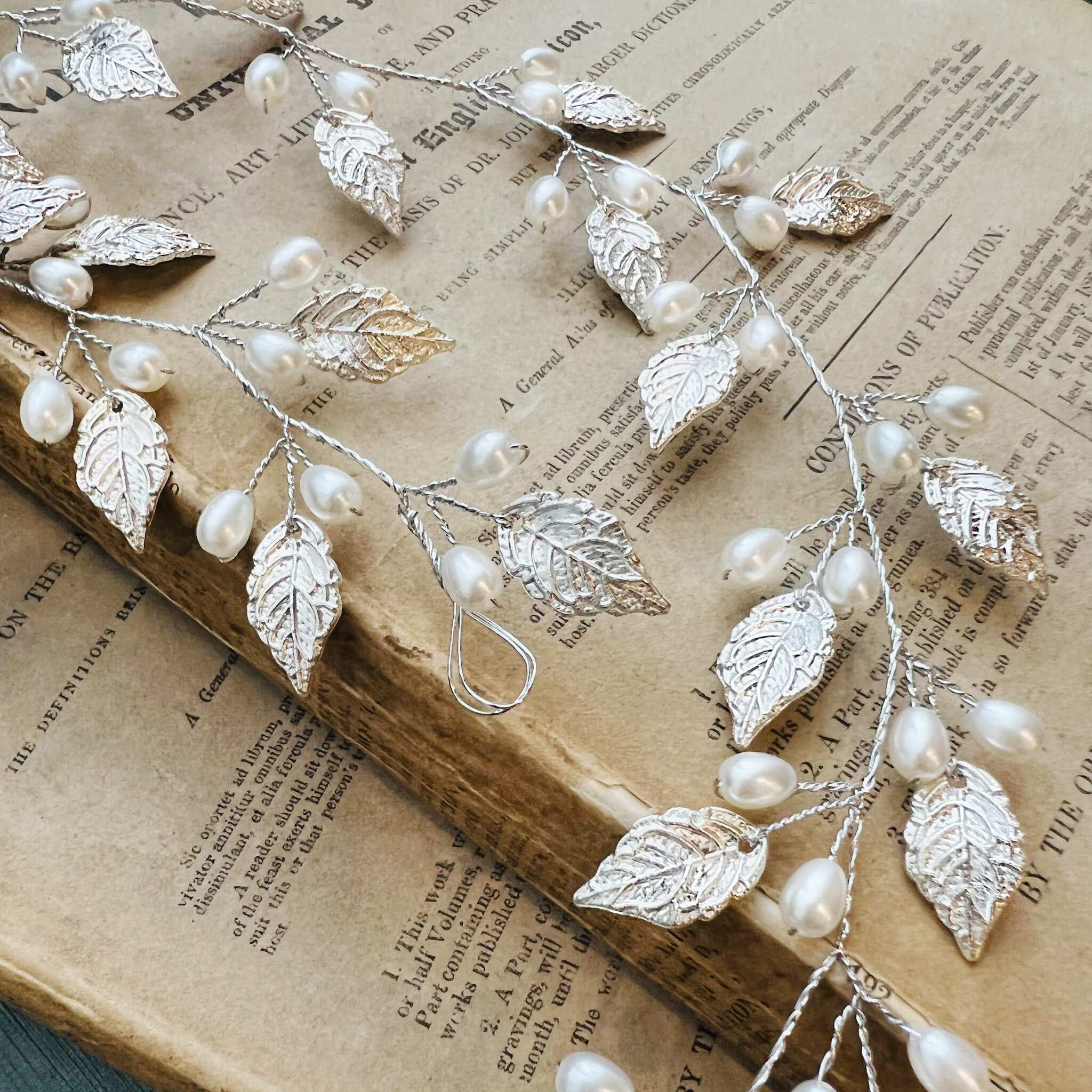 Jules Bridal - Ansa, Silver Leaf Hair Vine with Pearls