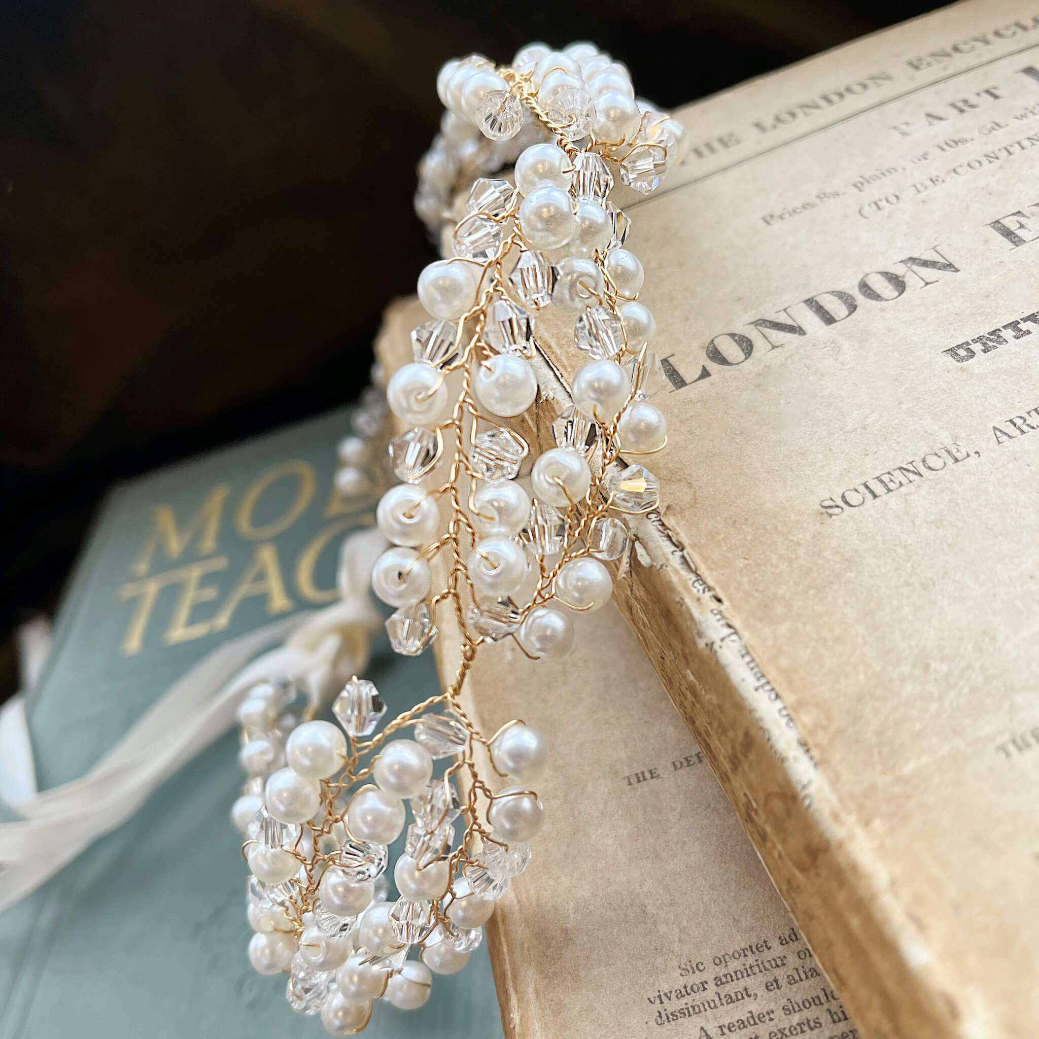 Jules Bridal - Asteria, Goldtone Pearl & Crystal Hair Vine