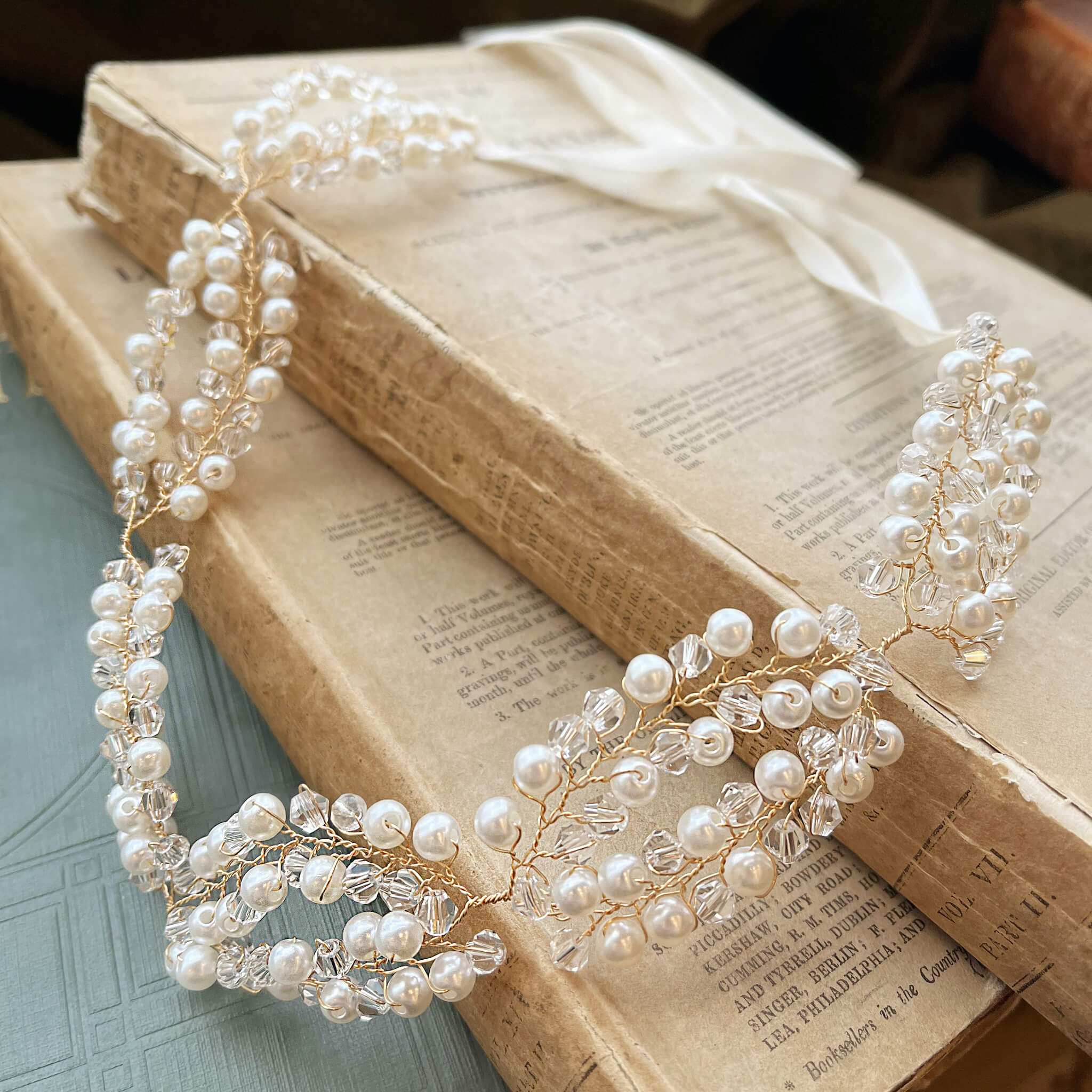 Jules Bridal - Asteria, Goldtone Pearl & Crystal Hair Vine