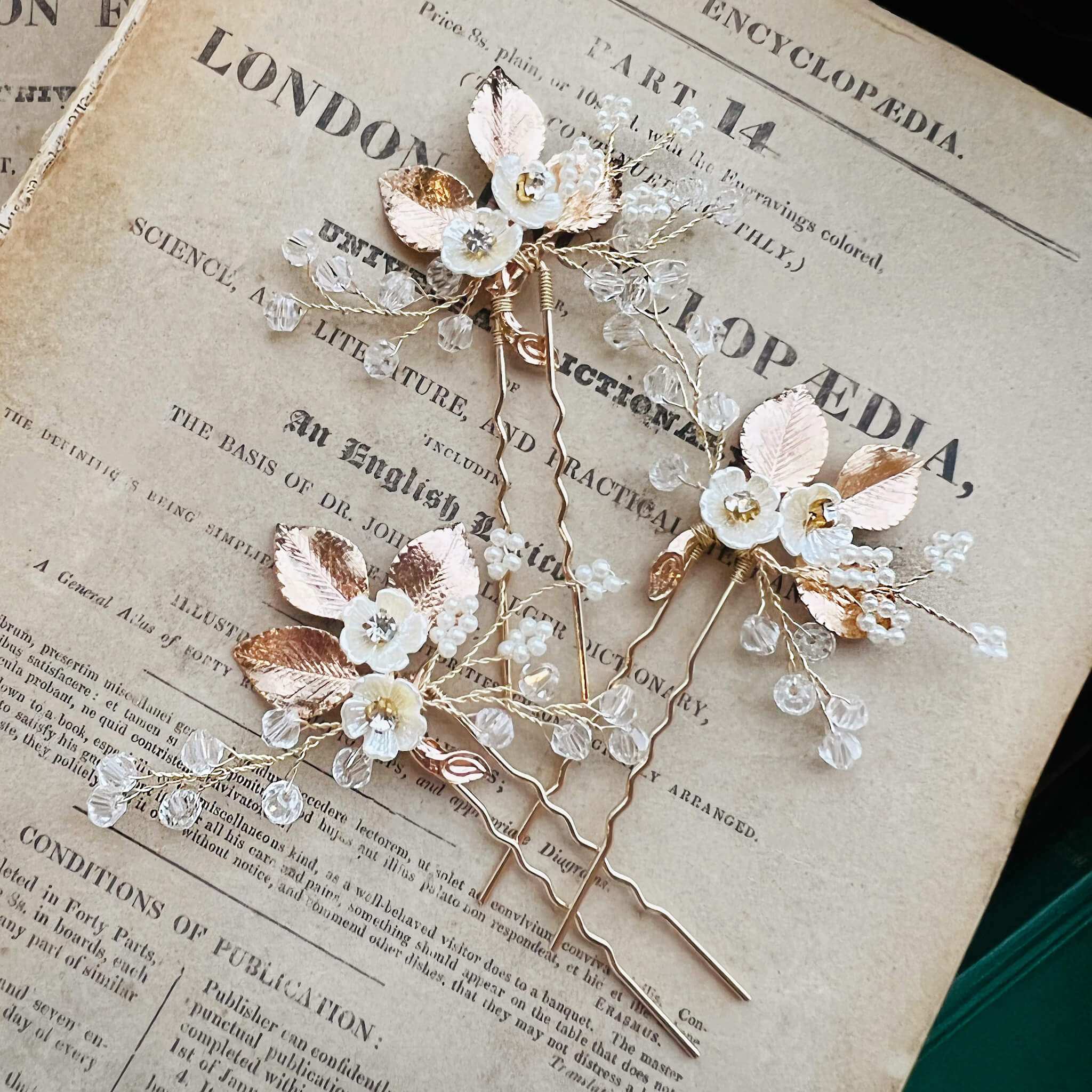 Jules Bridal - Bergdis, Golden Floral Beaded Hair Pin Set