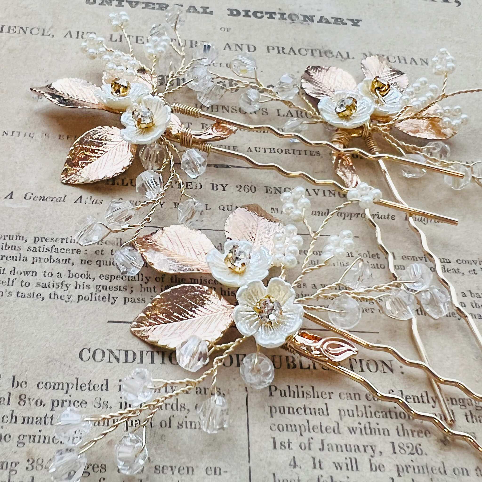Jules Bridal - Bergdis, Golden Floral Beaded Hair Pin Set