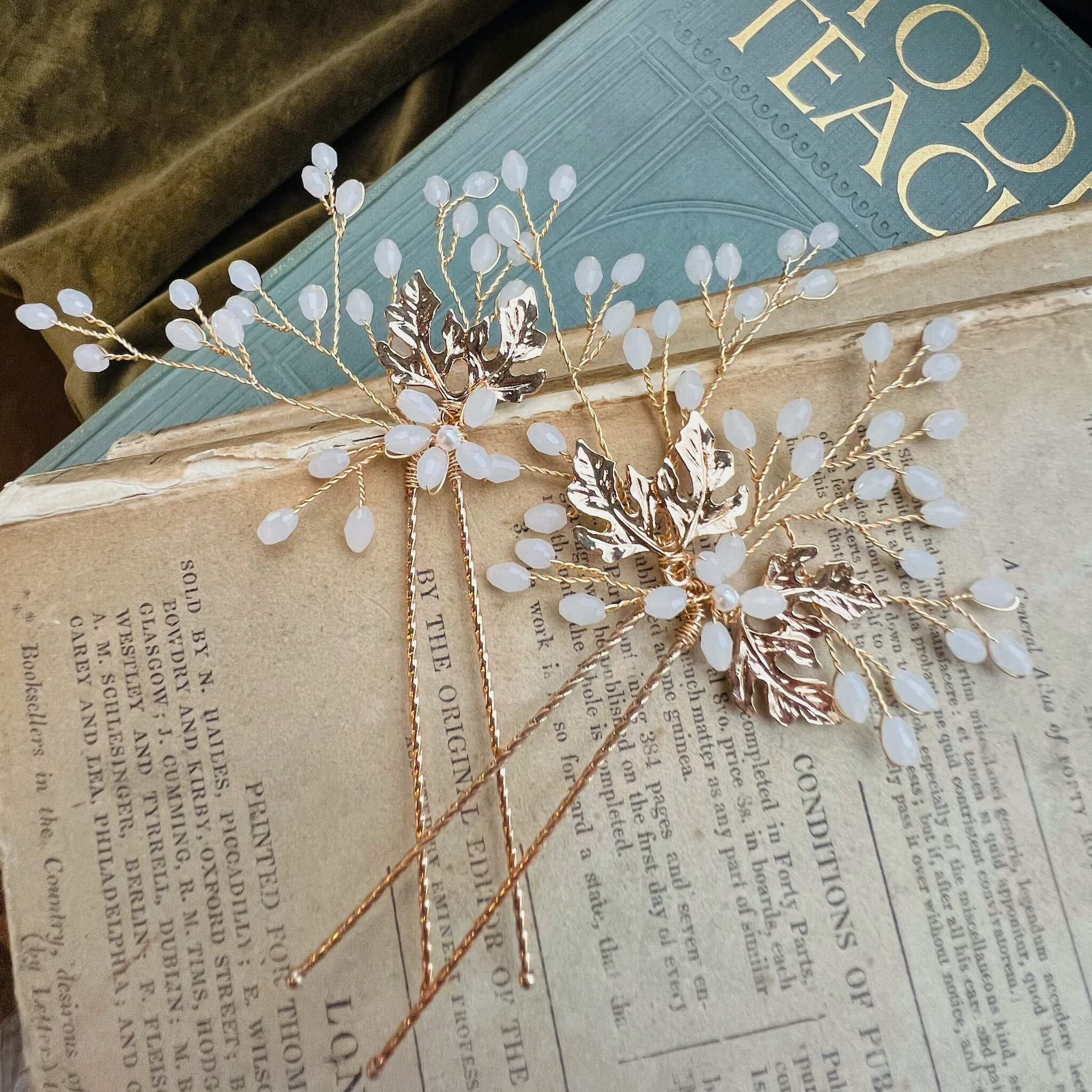 Jules Bridal - Brigit, Golden Leaf Ivory Hair Pin Set