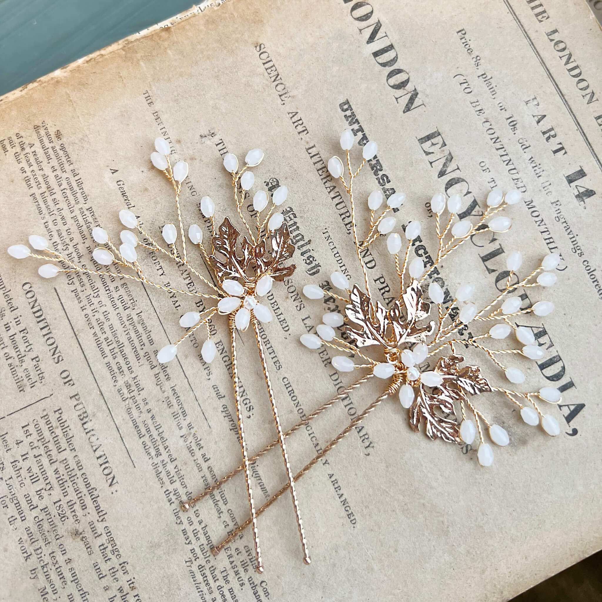 Jules Bridal - Brigit, Golden Leaf Ivory Hair Pin Set
