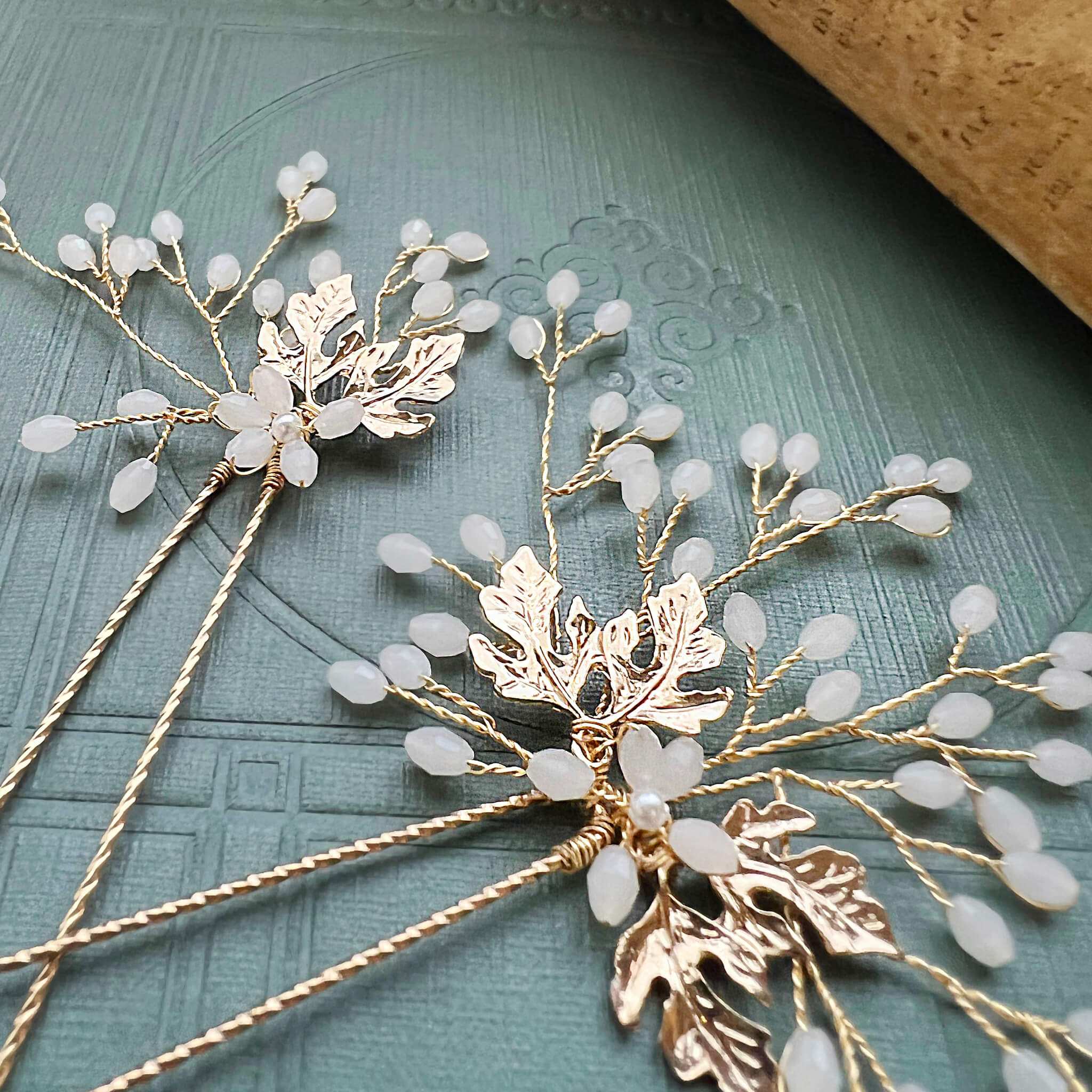 Jules Bridal - Brigit, Golden Leaf Ivory Hair Pin Set