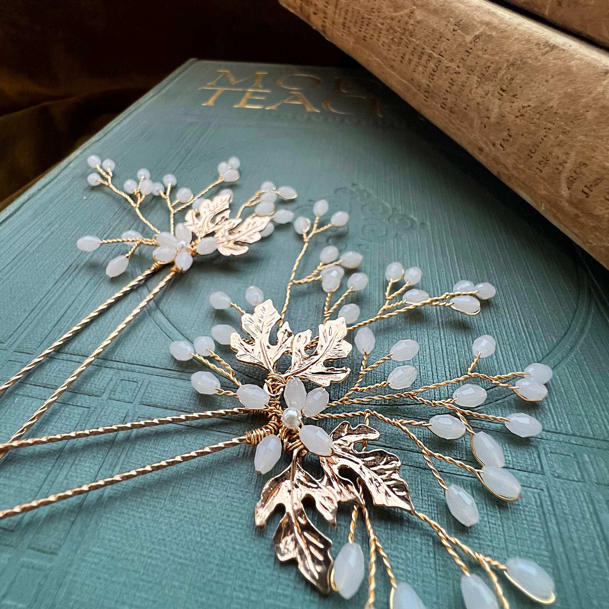 Jules Bridal - Brigit, Golden Leaf Ivory Hair Pin Set