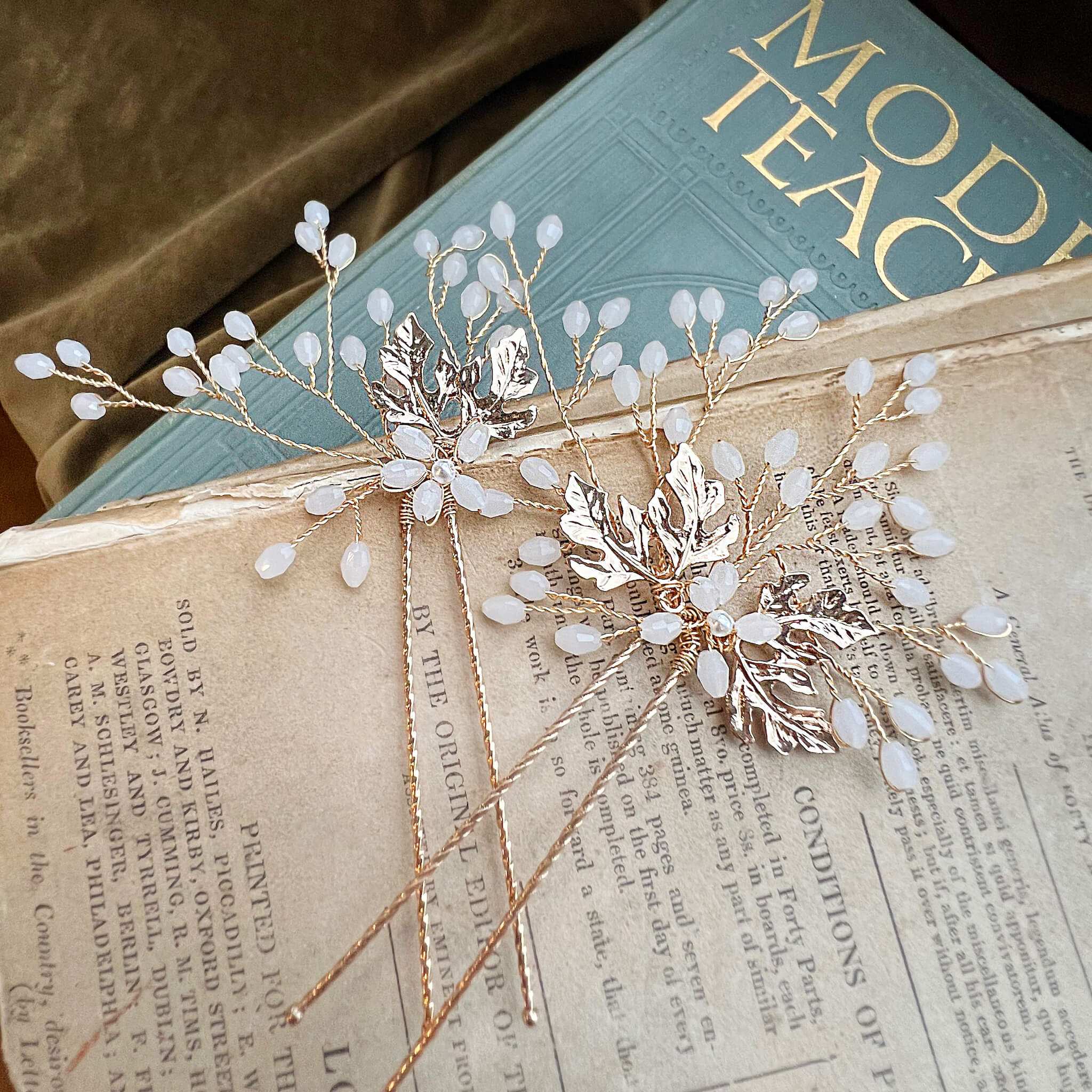 Jules Bridal - Brigit, Golden Leaf Ivory Hair Pin Set