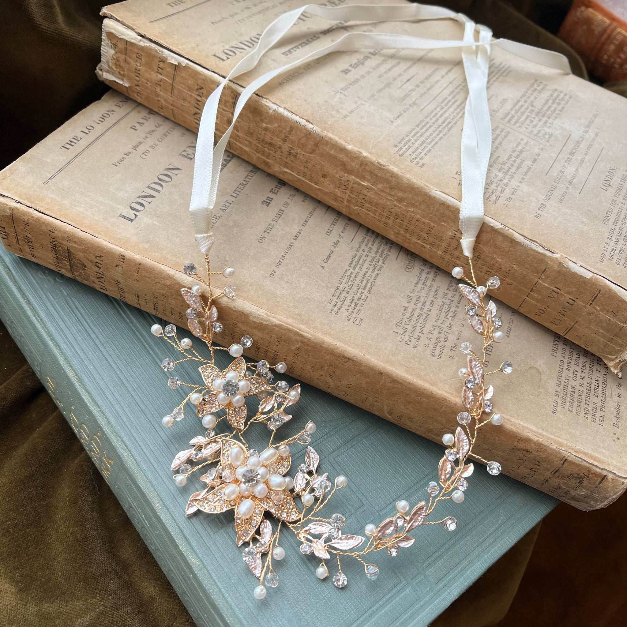 Jules Bridal - Calytrix, Crystal Encrusted Floral Hair Vine in Gold