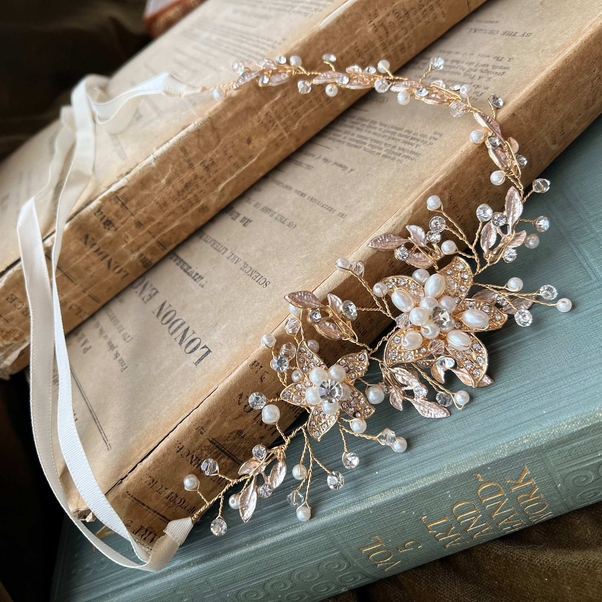 Jules Bridal - Calytrix, Crystal Encrusted Floral Hair Vine in Gold