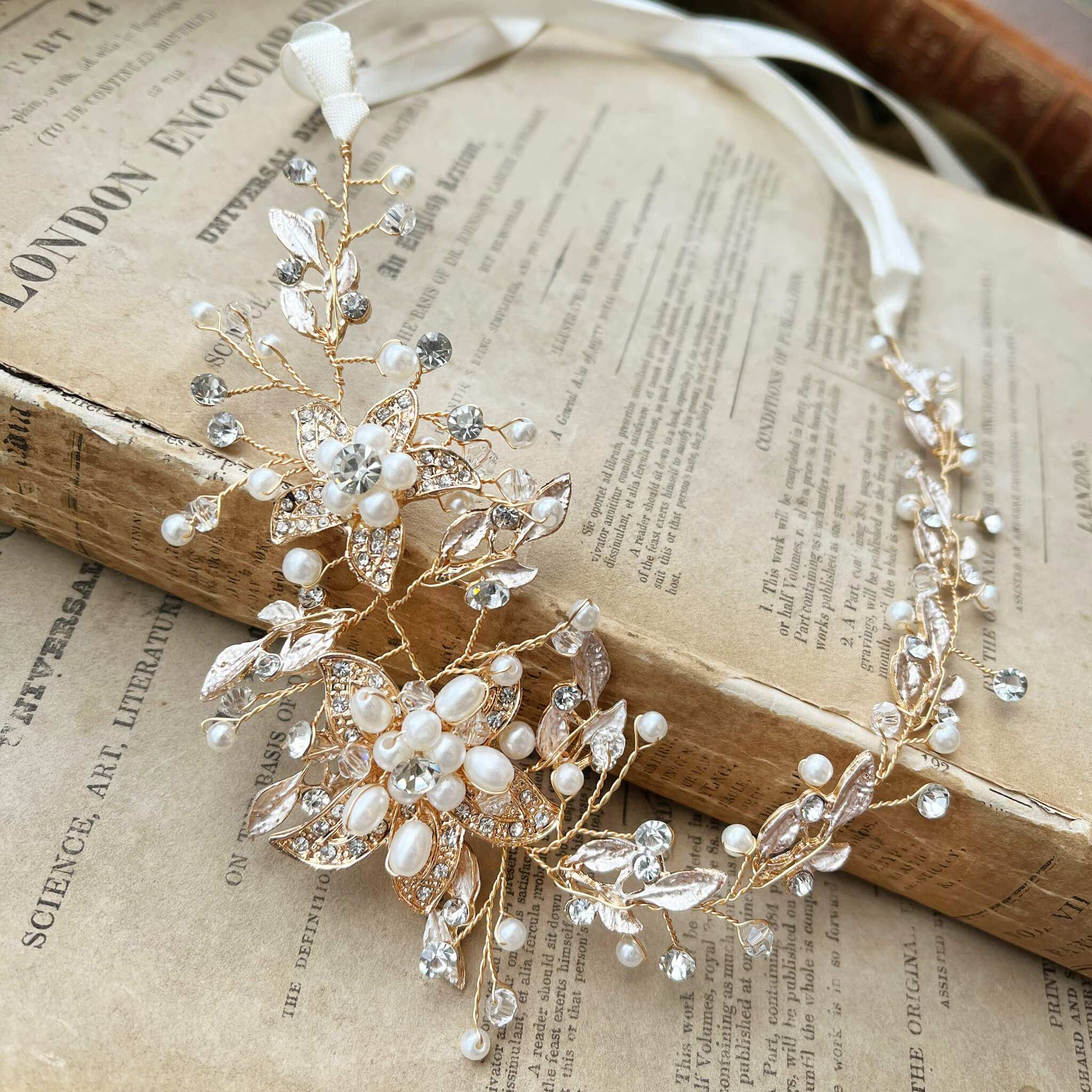 Jules Bridal - Calytrix, Crystal Encrusted Floral Hair Vine in Gold