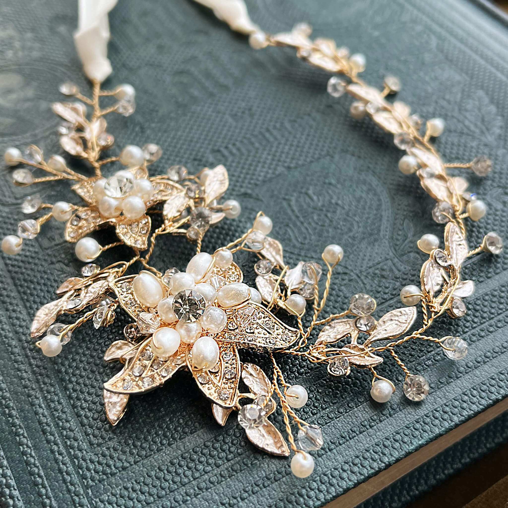Jules Bridal - Calytrix, Crystal Encrusted Floral Hair Vine in Gold