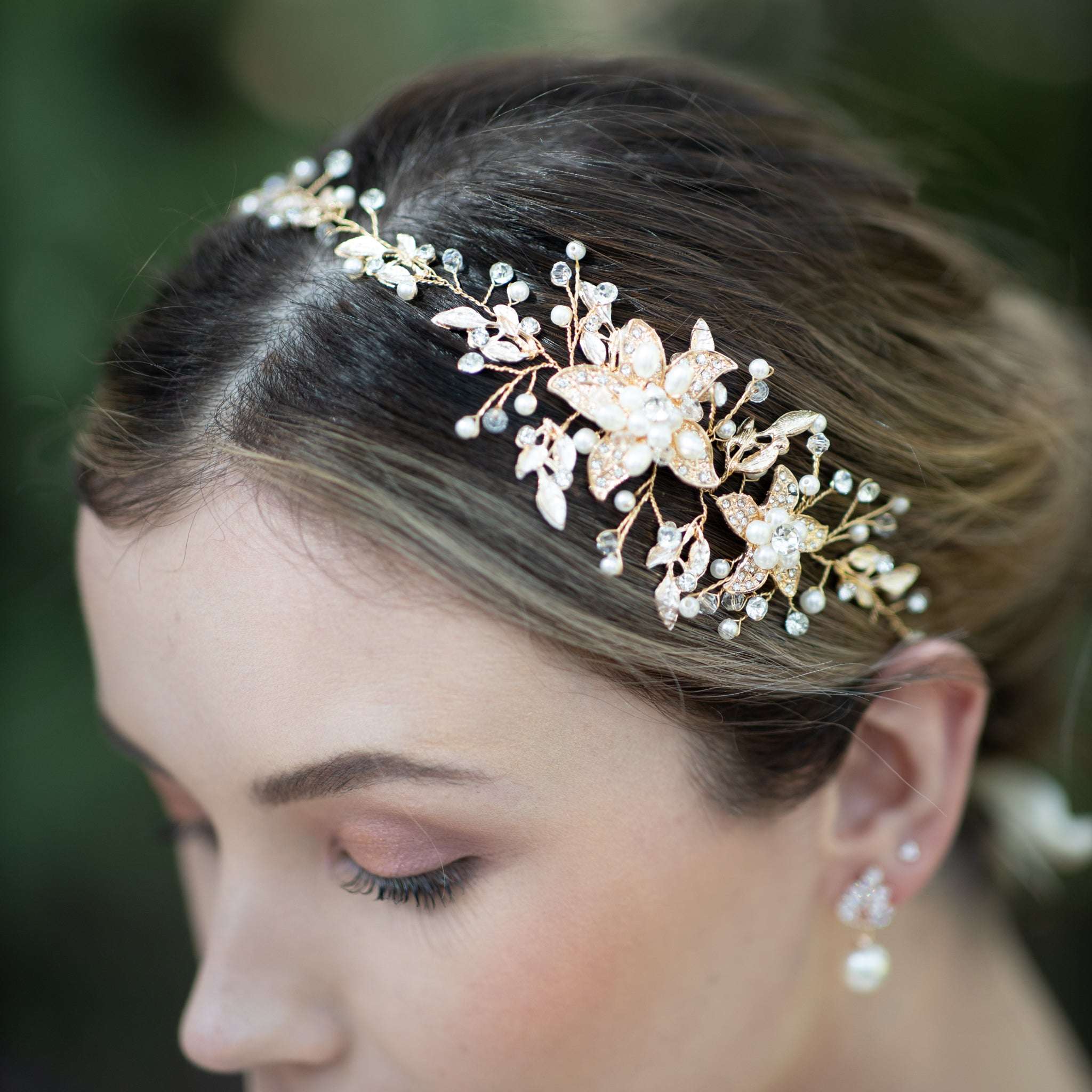 Jules Bridal - Calytrix, Crystal Encrusted Floral Hair Vine in Gold