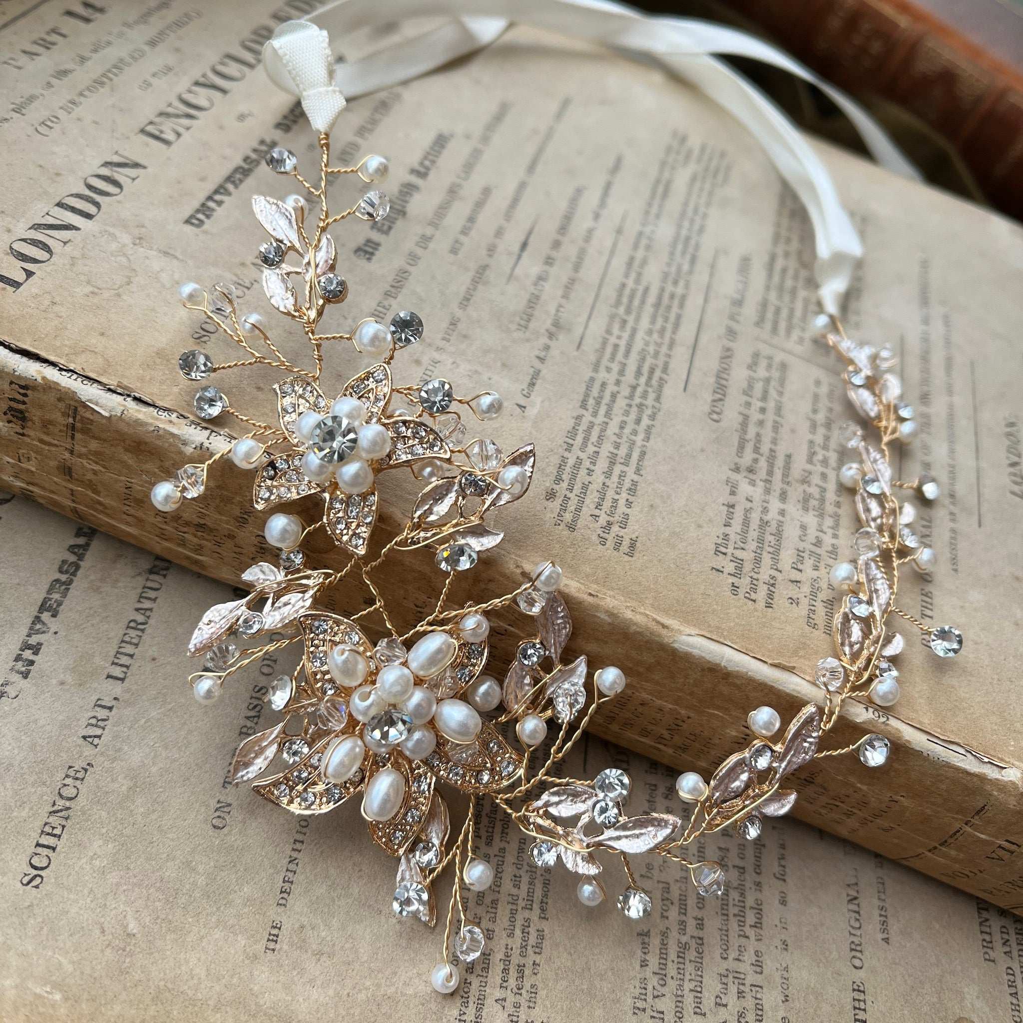 Jules Bridal - Calytrix, Crystal Encrusted Floral Hair Vine in Gold