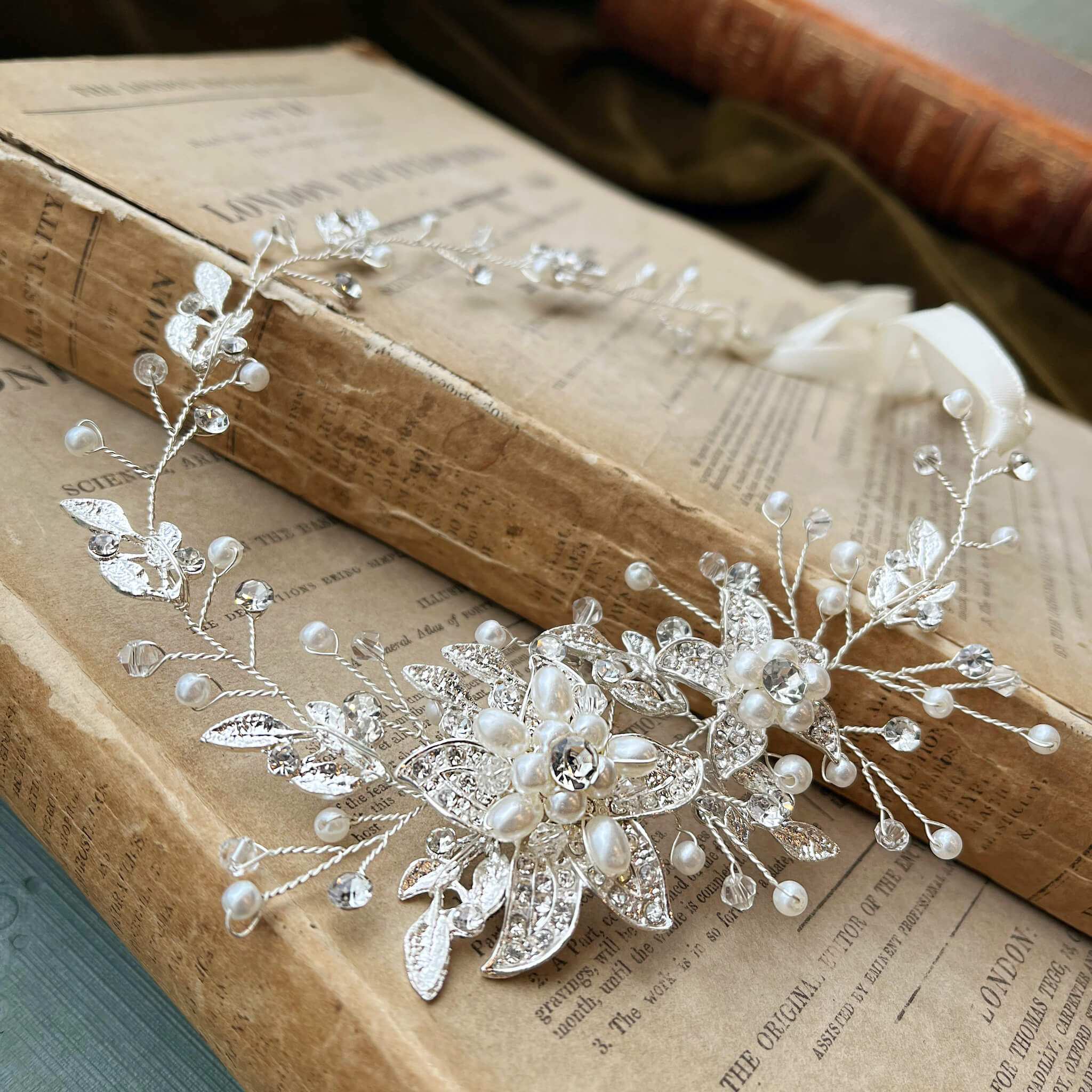 Jules Bridal - Calytrix, Crystal Encrusted Floral Hair Vine in Silver