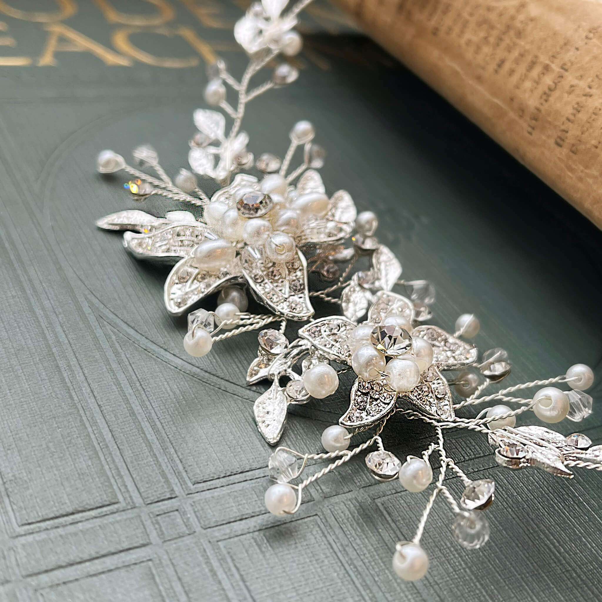 Jules Bridal - Calytrix, Crystal Encrusted Floral Hair Vine in Silver
