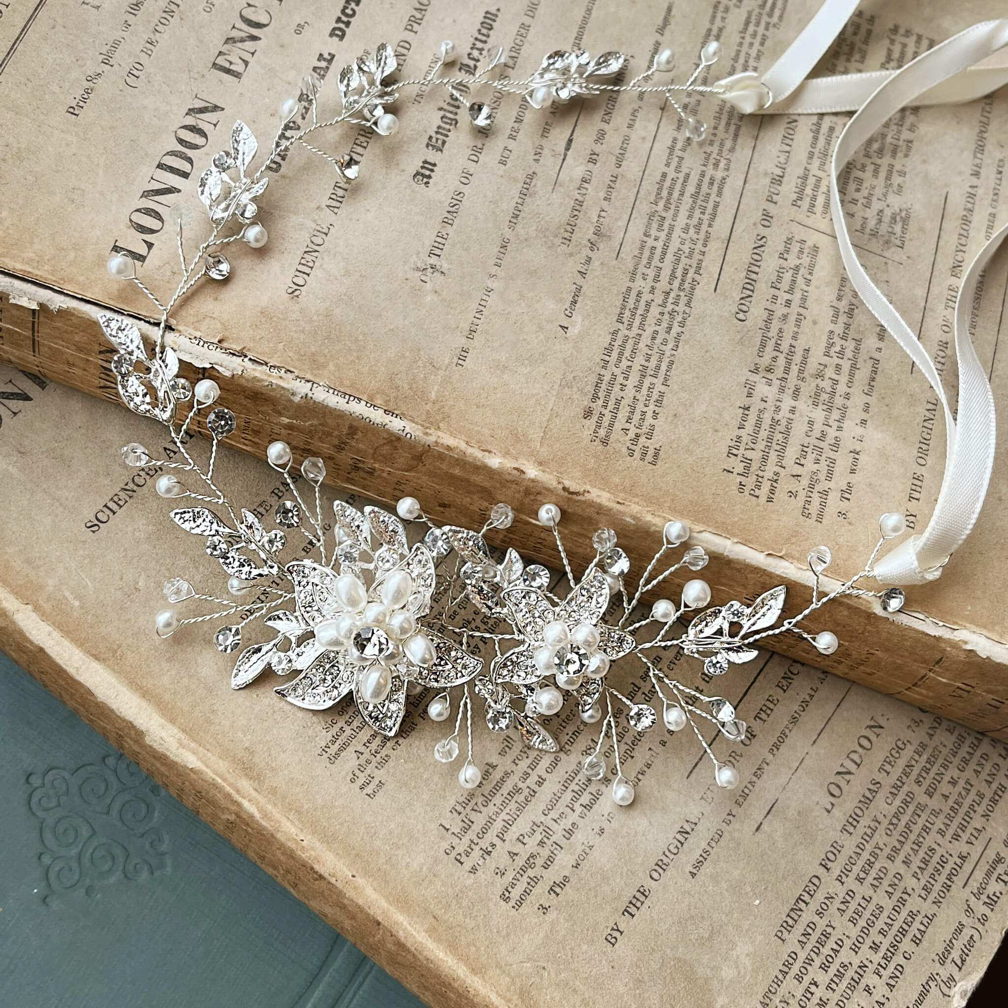 Jules Bridal - Calytrix, Crystal Encrusted Floral Hair Vine in Silver