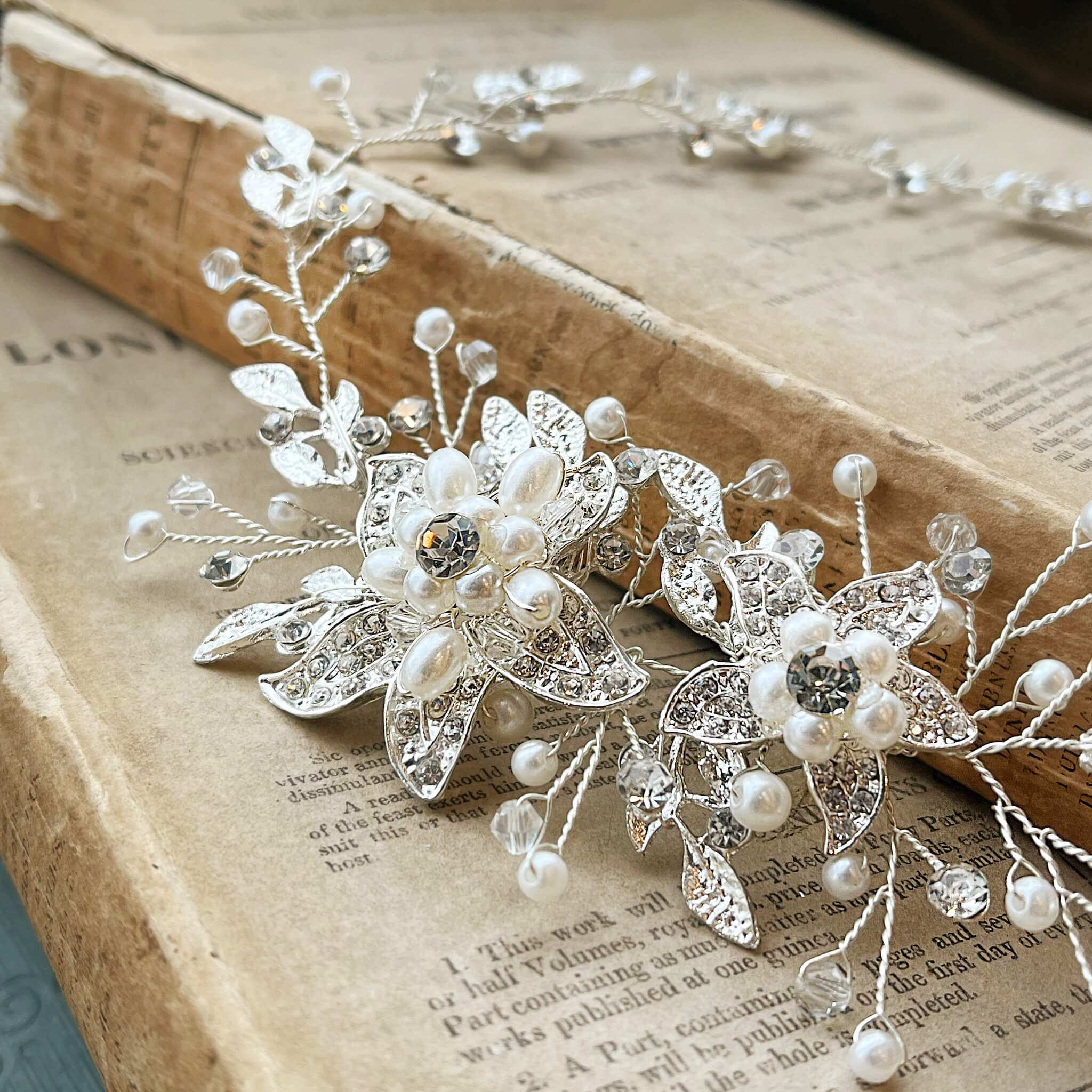 Jules Bridal - Calytrix, Crystal Encrusted Floral Hair Vine in Silver