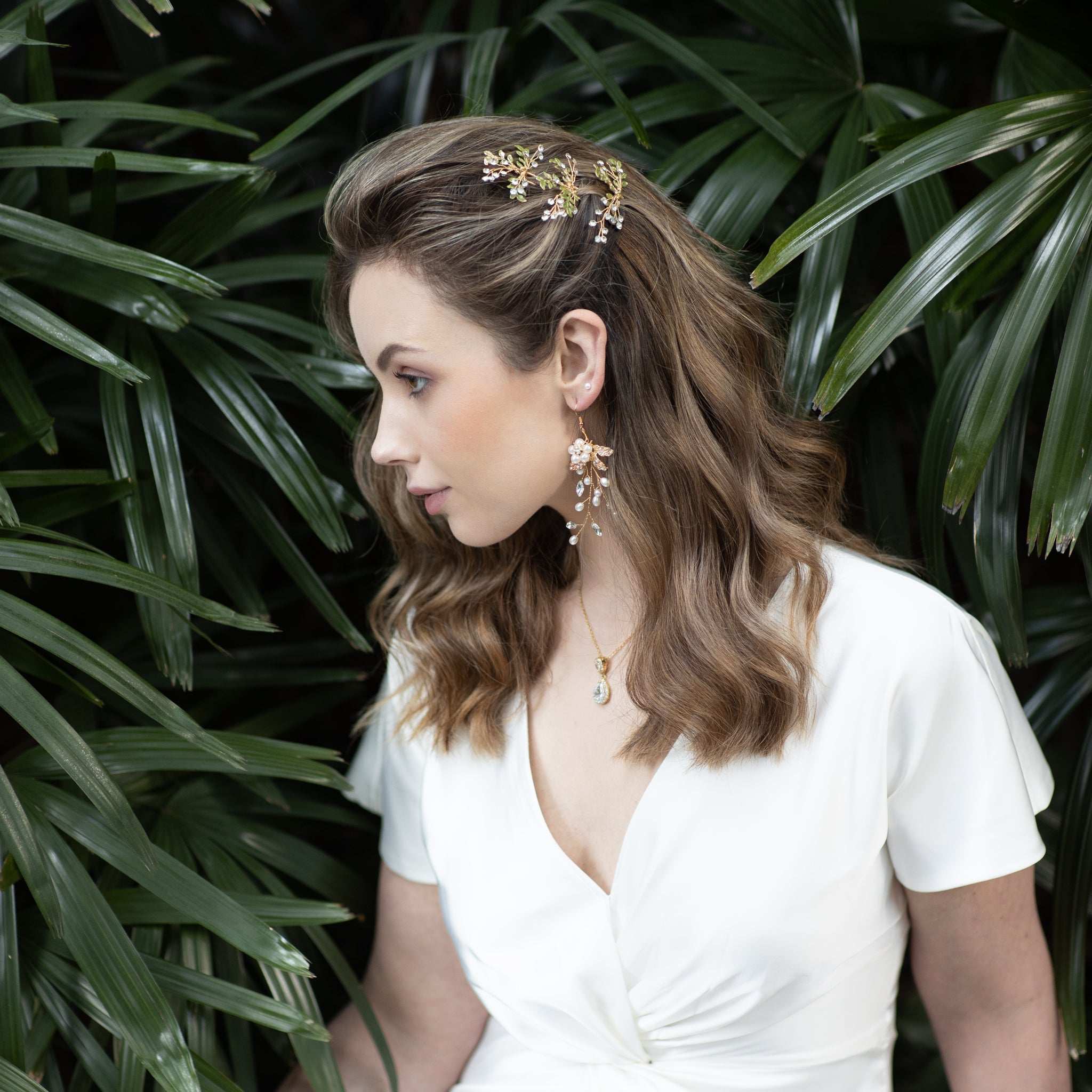 Jules Bridal - Carin, Floral Goldtone Pearl & Crystal Earrings