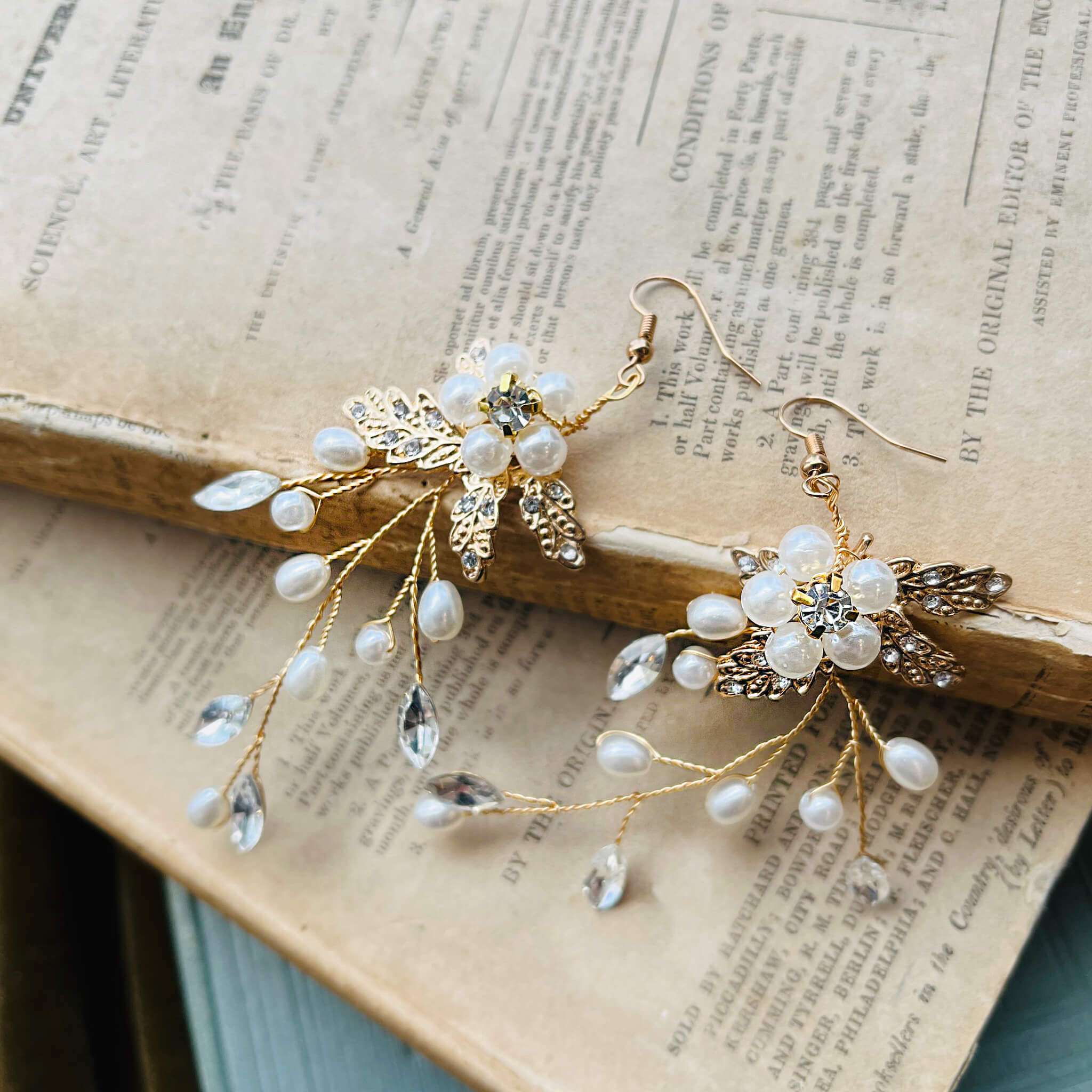 Jules Bridal - Carin, Floral Goldtone Pearl & Crystal Earrings