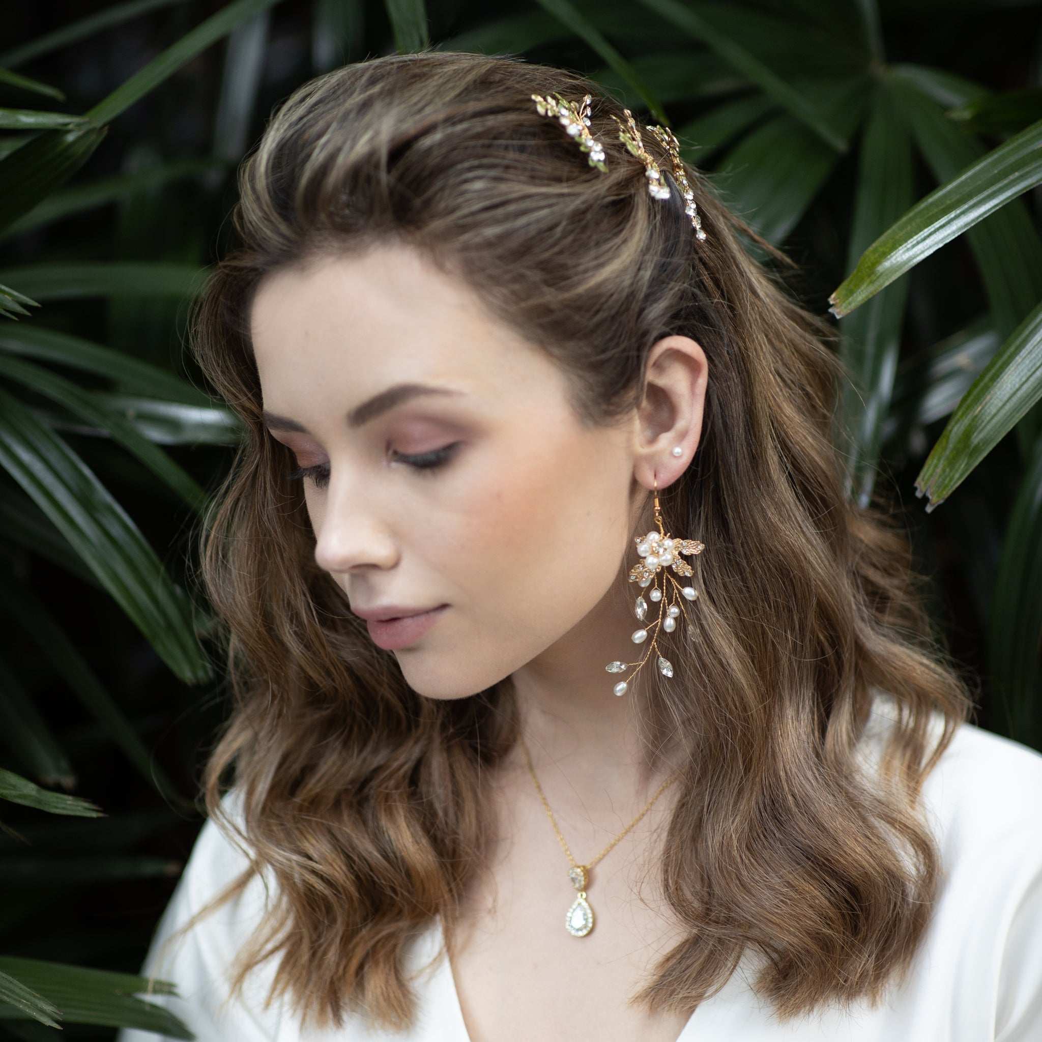 Jules Bridal - Carin, Floral Goldtone Pearl & Crystal Earrings