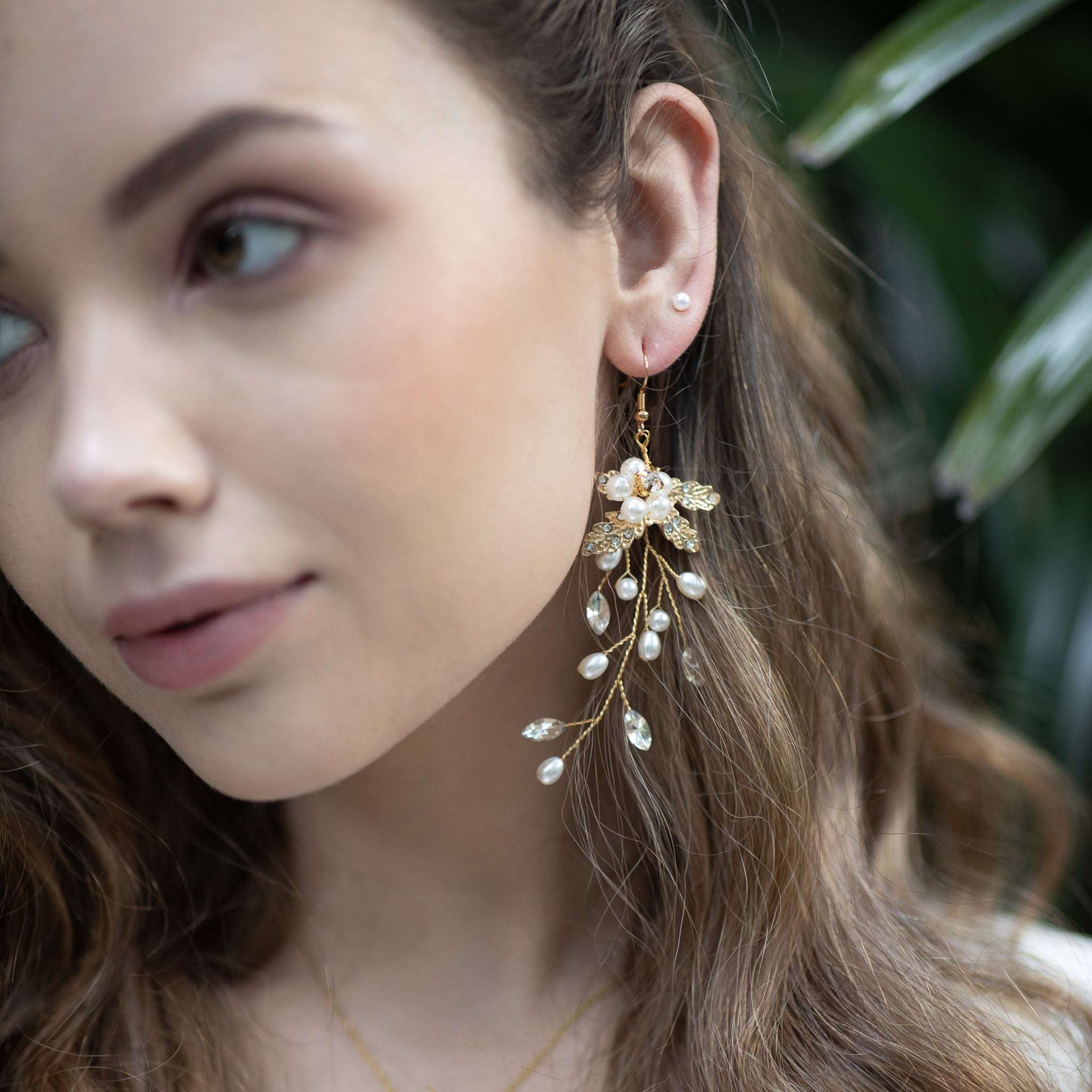 Jules Bridal - Carin, Floral Goldtone Pearl & Crystal Earrings