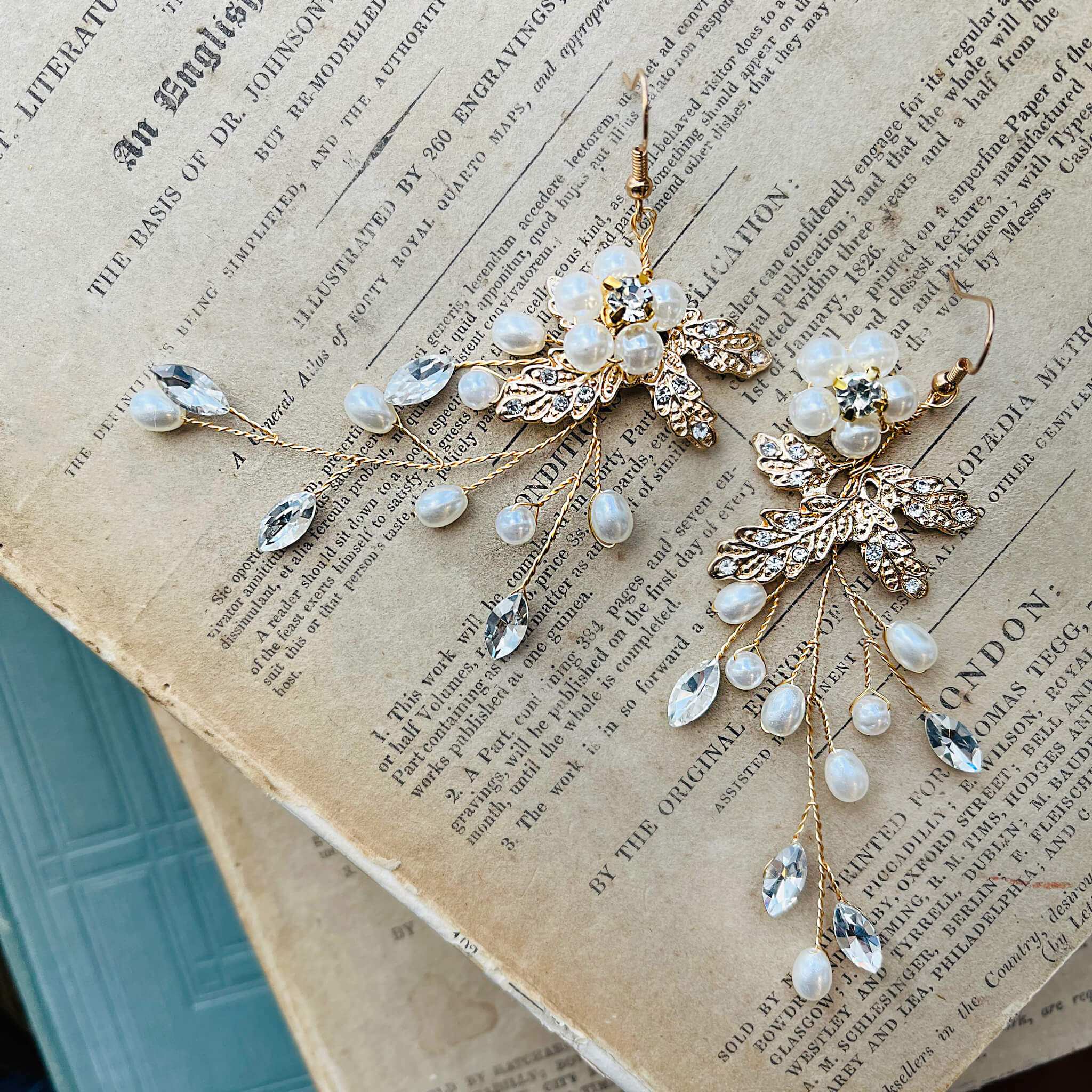 Jules Bridal - Carin, Floral Goldtone Pearl & Crystal Earrings