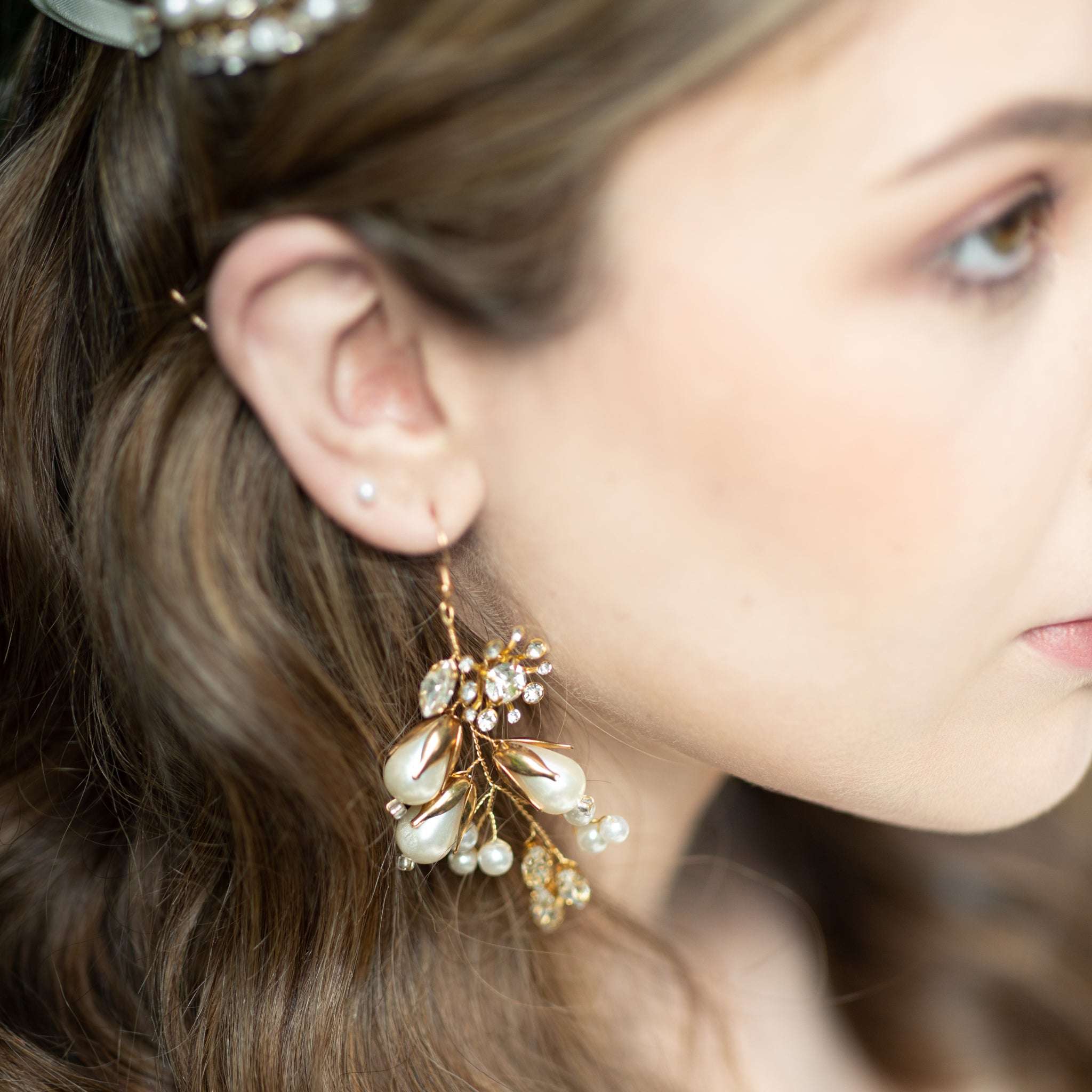 Jules Bridal - Carita, Gold Pearl & Crystal Floral Earrings